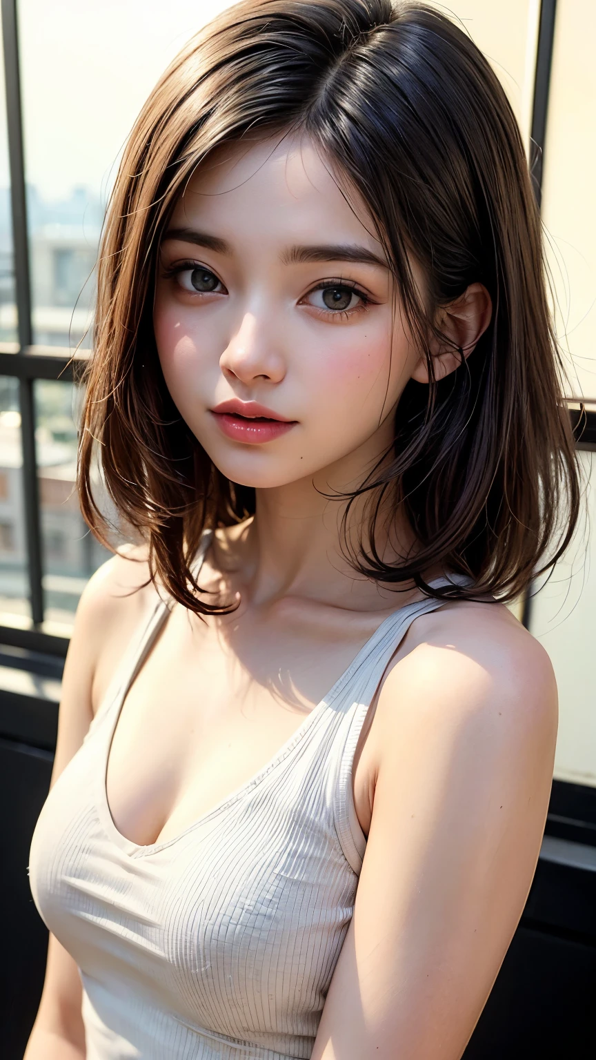 (UHD, retina, masterpiece, accurate, anatomically_correct, textured_skin, super_detail, high_details, high_quality, best_quality, high_res, 1080P, HD, 4K, 8k, 16k), (beautiful_detailed_eyes, beautiful_detailed_lips, extremely_detailed_eyes_and_face), soft_lighting, physically-based_rendering, vivid_colors, (small_breasts, slim_body:1.5), (shiny_hair, shiny_skin, tanned_skin, blush), (bangs:1.5), eye_reflection, (bokeh, simple_background), (ネイキッド), (nipple:1.2), smile,