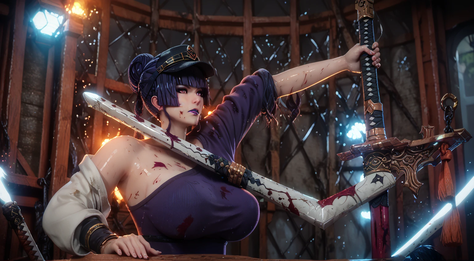 score_9, score_8_up, score_8, score_7_up, bouqtm, 1girl, nyotengu, single hair bun, purple eyes, huge breasts, purple lips, plump, shiny skin, sword, 1girl, hat, holding_sword, solo, long_sleeves, blood, dusty, fantasy art,