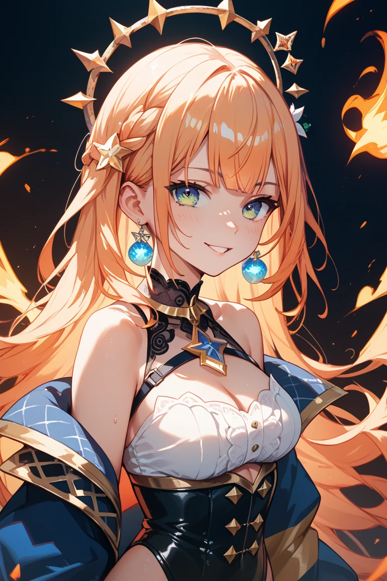 (top-quality, 8K, masterpiece, Top image quality, Hi-Res, super detailing, Ultra HD, (Delicate and smooth skin, real looking skin, Perfect and beautiful face ,Perfect and cute face, high detail skin, Perfect limbs)), 1girl , bare shoulders , bead bracelet , bead necklace , blue eyes , blush , claw pose , cleavage , collarbone , fangs , orange fur-trimmed shirt , fingerless fur gloves , fur trim , jewelry , looking at viewer , medium breasts , necklace , open mouth , red choker , smile , solo , long wavy blonde hair , wolf ears