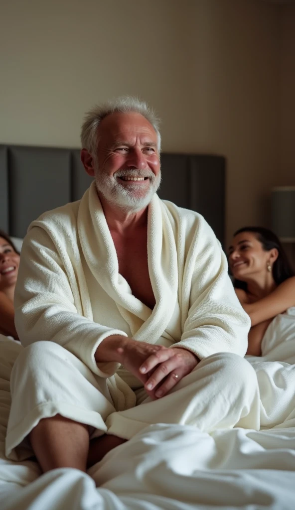 60 year old man in white robe holding woman's hand leading her to massage table, She in orange lingerie with fox ears, the one in front of her, both turning to the wall, In the background a massage table, It is a very luxurious spa
