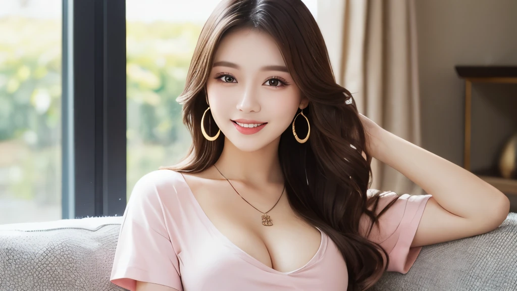 Beautiful young woman of the year、 Korean women、Light brown hair、Wavy Hair、short hair, pregnant, big belly bump, large breasts, ear piercing、Necklace around the neck、blouse、smile, Beautiful teeth alignment、Intricate details, Very detailed:1.2), 、 Looking into the camera,The background is the town