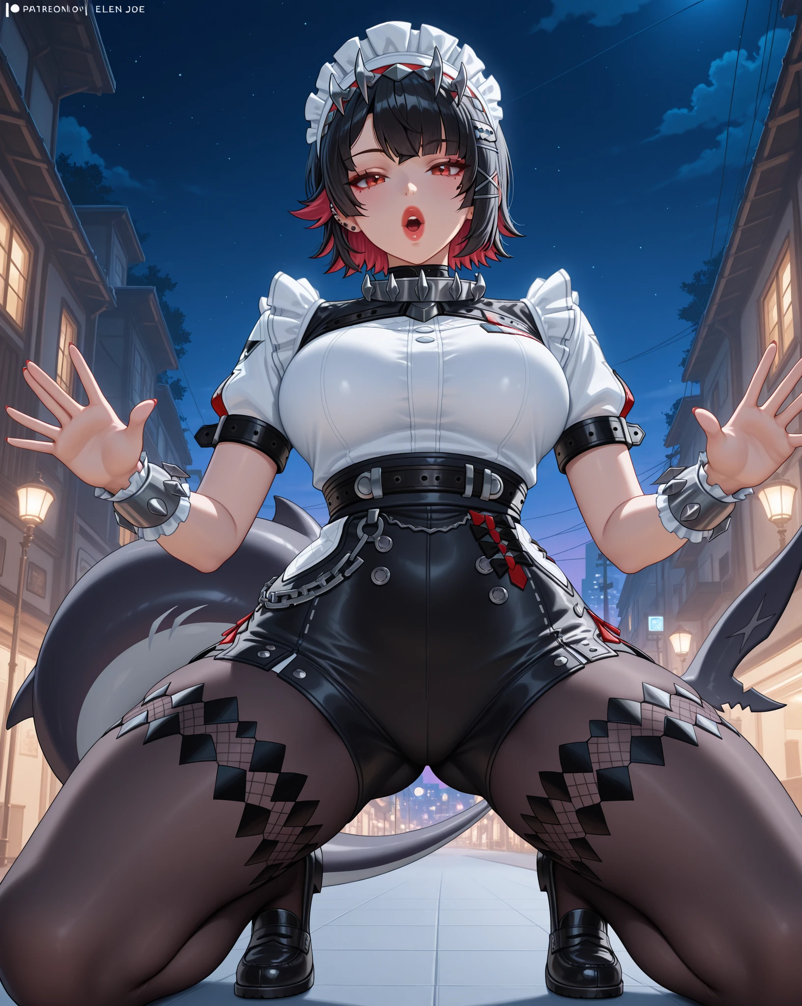 (Yoga, yoga pose:1.0, dynamic pose, dynamic POV, adult Ellen Joe:1.0, Ellen Joe Outfit:1.0, transparent Ellen Joe pantyhose:1.0, shark tail, big mouth:4.0, big lips:4.0, open mouth:5.0, seductive eyes:4.0, detailed face, detailed mouth, small waist:1.0, wide hips:1.0), black hair, Ellen Joe headdress, red eyes, 1woman, alone, night, nightlight, masterpiece, detailed face, perfect hands, perfect eyes, Ellen Joe loafers,