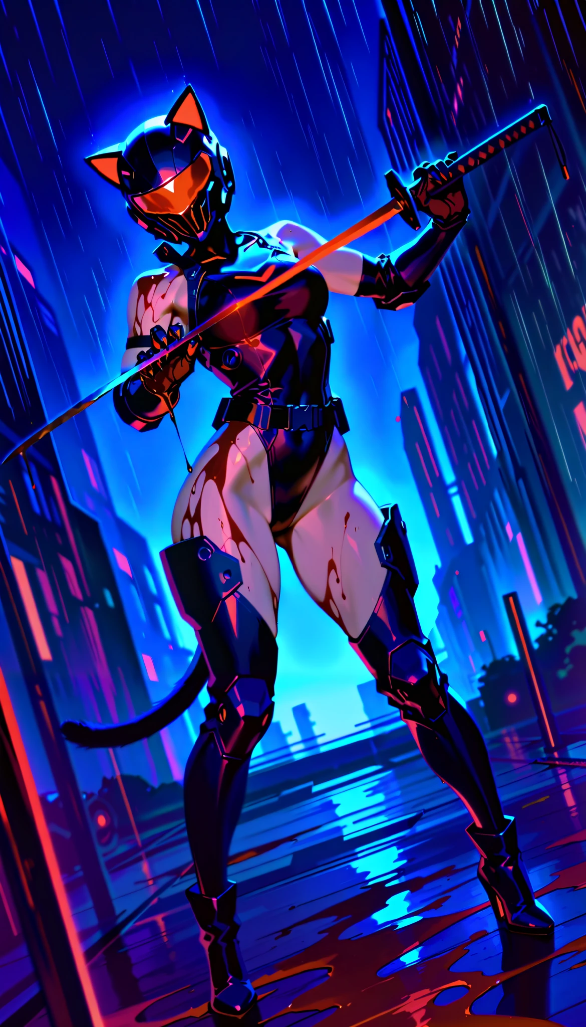 Best quality, masterpiece, (((1girl))), (((solo))), dense cyberpunk city background, dense city street, neon lit street, raining, night time, wet skin, cyberpunk, anime, full-face helmet with cat ears, red motorcycle helmet, red glowing cat ears, hourglass figure, toned body, athletic, skimpy clothing, (((black leotard))), black tactical gear, skimpy tactical gear, black hotpants, (((holding katana))), (((covered in blood))), (((blood splatters))), (((blood everywhere))), (((blood all over body))), (((gore))), (((sexy pose))), (((view from ground))), (((cat eyes visible in helmet))), black thigh highs, black high heel boots, red and black tactical gear, glowing red katana blade, (((blood dripping from katana))), (((robotic cat tail))), tactical knee pads, tactical elbow pads, tactical gloves, (((tactical belt))), (((thigh armor))), (((cybernetic lines on skin))), (((dutch angle))), (((hand in claw shape))), (((hips cocked))), shoulders visible, black arm bands on biceps