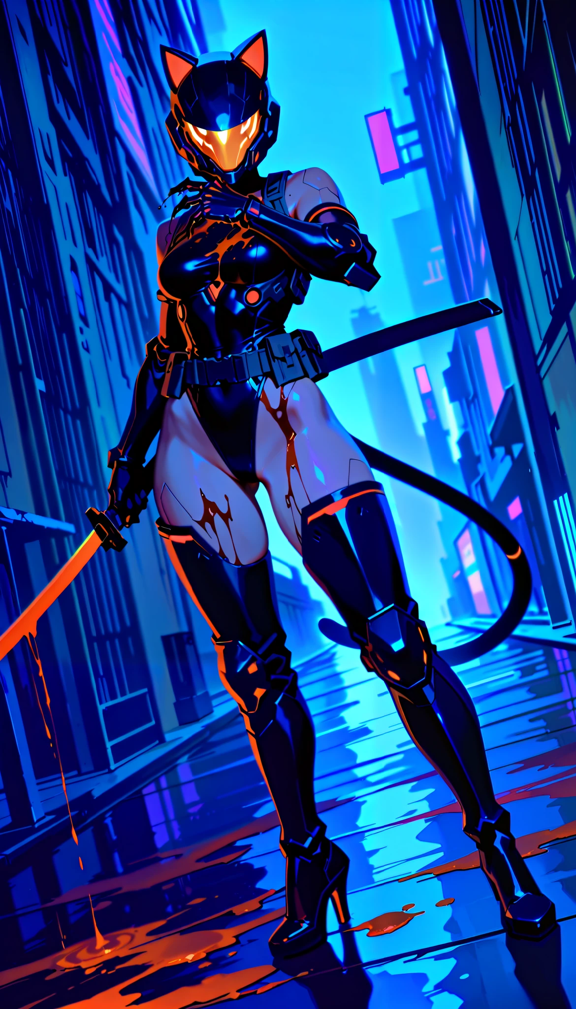 Best quality, masterpiece, (((1girl))), (((solo))), dense cyberpunk city background, dense city street, neon lit street, raining, night time, wet skin, cyberpunk, anime, full-face helmet with cat ears, red motorcycle helmet, red glowing cat ears, hourglass figure, toned body, athletic, skimpy clothing, (((black leotard))), black tactical gear, skimpy tactical gear, black hotpants, (((holding katana))), (((covered in blood))), (((blood splatters))), (((blood everywhere))), (((blood all over body))), (((gore))), (((sexy pose))), (((view from ground))), (((cat eyes visible in helmet))), black thigh highs, black high heel boots, red and black tactical gear, glowing red katana blade, (((blood dripping from katana))), (((robotic cat tail))), tactical knee pads, tactical elbow pads, tactical gloves, (((tactical belt))), (((thigh armor))), (((cybernetic lines on skin))), (((dutch angle))), (((hand in claw shape))), (((hips cocked))), shoulders visible, black arm bands on biceps