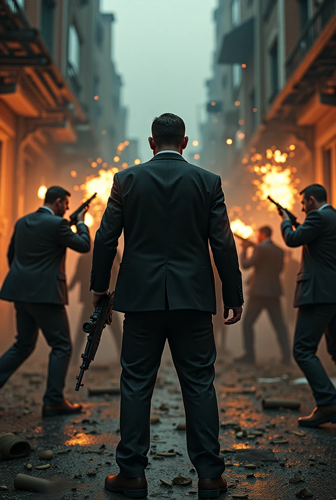 We are seeng a man from his back. In front of him 3 people standing up. He shots 2 people. Now he is aiming to the rest. The men who were shooted, they are laying. 