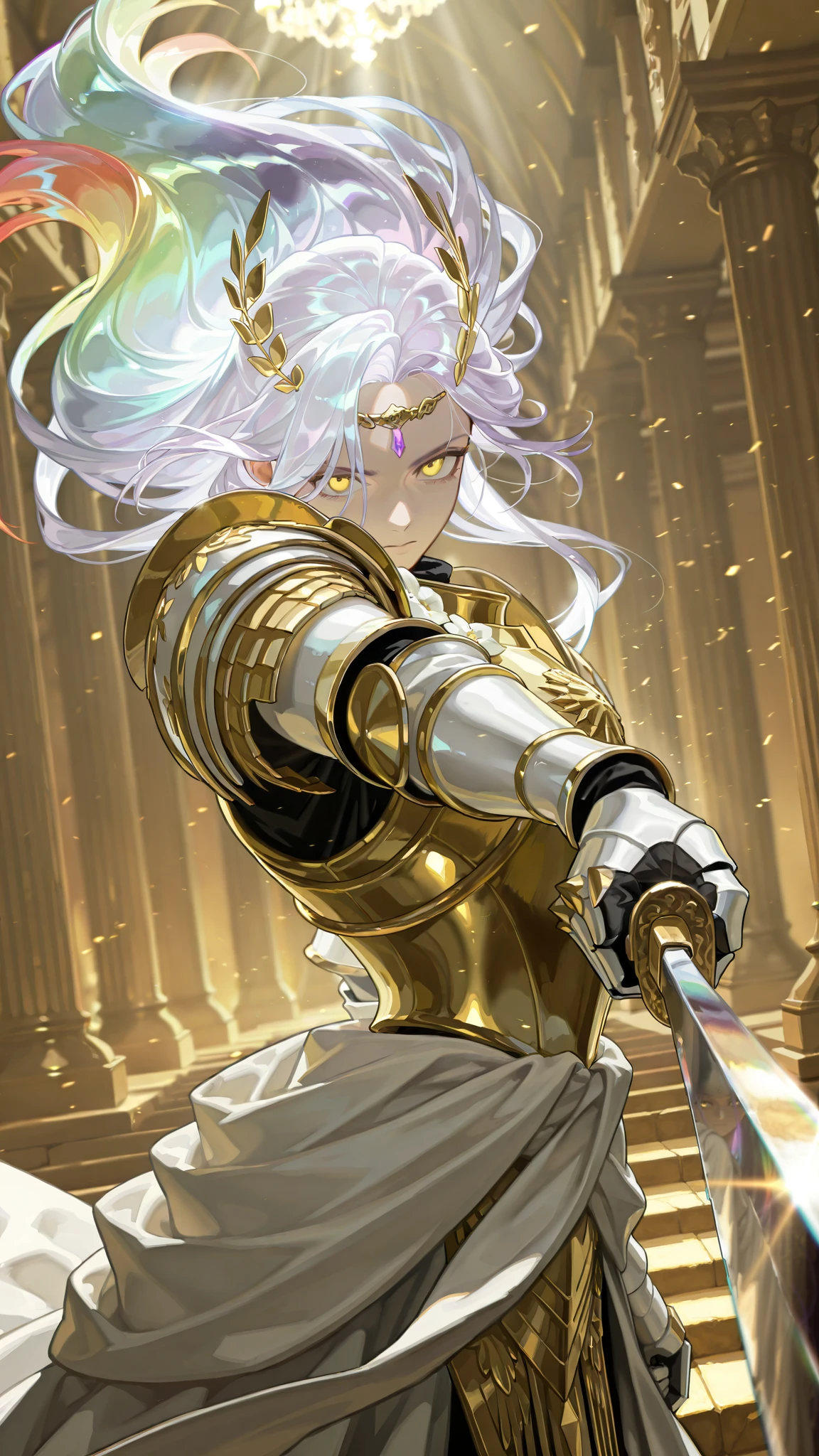 by [arknights|(748cmstyle:0.5)], god rays, cinematic shot, mature, young adult, masterpiece, best quality, amazing quality, very aesthetic, high resolution, ultra-detailed, absurdres, 1girl, solo, alone,(dynamic pose, upper body focus, three quarter view, photoshoot, modelshot, closeup shot:1.2), wielding a glass glaive, polearm, golden eyes, translucent eyes, very long hair, (prismatic hair, rainbow hair, reflective hair:1.33), purple hair, glitch art photo, golden magical circlet, ([(Aeldari armor, white power armor, streamlined armor:1.11)|ornate toga]:1.4), Queen of War, war god, renaissance french royal officer, palace fortress, fortress, the ancient city of Troy, crystal glass throneroom, crystal temple, Greek architecture, glass architecture, BREAK, depth of field, volumetric lighting 