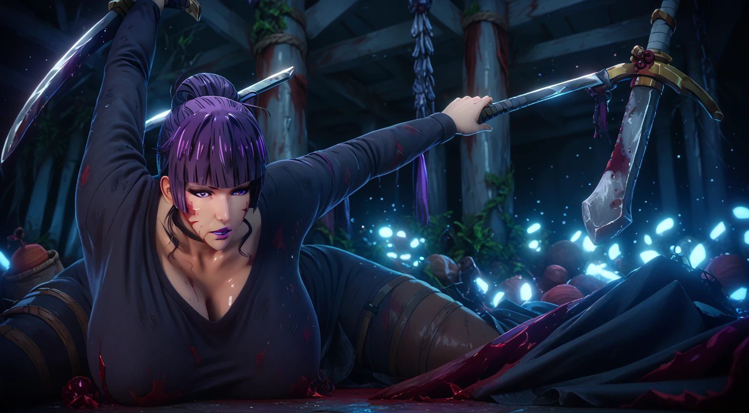 score_9, score_8_up, score_8, score_7_up, bouqtm, 1girl, nyotengu, single hair bun, purple eyes, huge breasts, purple lips, plump, shiny skin, sword, 1girl, hat, holding_sword, solo, long_sleeves, blood, dusty, fantasy art,