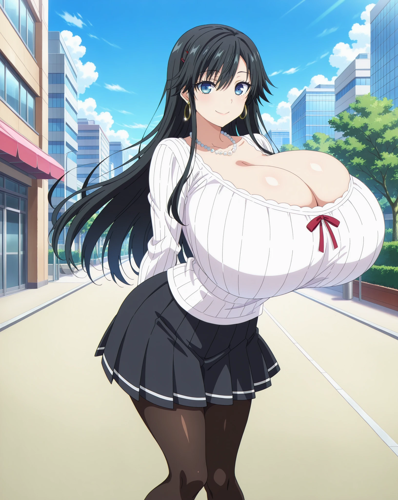 1girl, black_skirt, blue_hair, building, city, cityscape, hair_between_eyes, jacket, looking_at_viewer, medium_hair, multicolored_hair, multiple_boys, night, off_shoulder, outdoors, pleated_skirt, road, shirt, skirt, skyscraper, smile, solo_focus, street, white_shirt, ginormous breasts, overflowing bra, Huge plump breasts, sexy posing, sexy posture ,solo