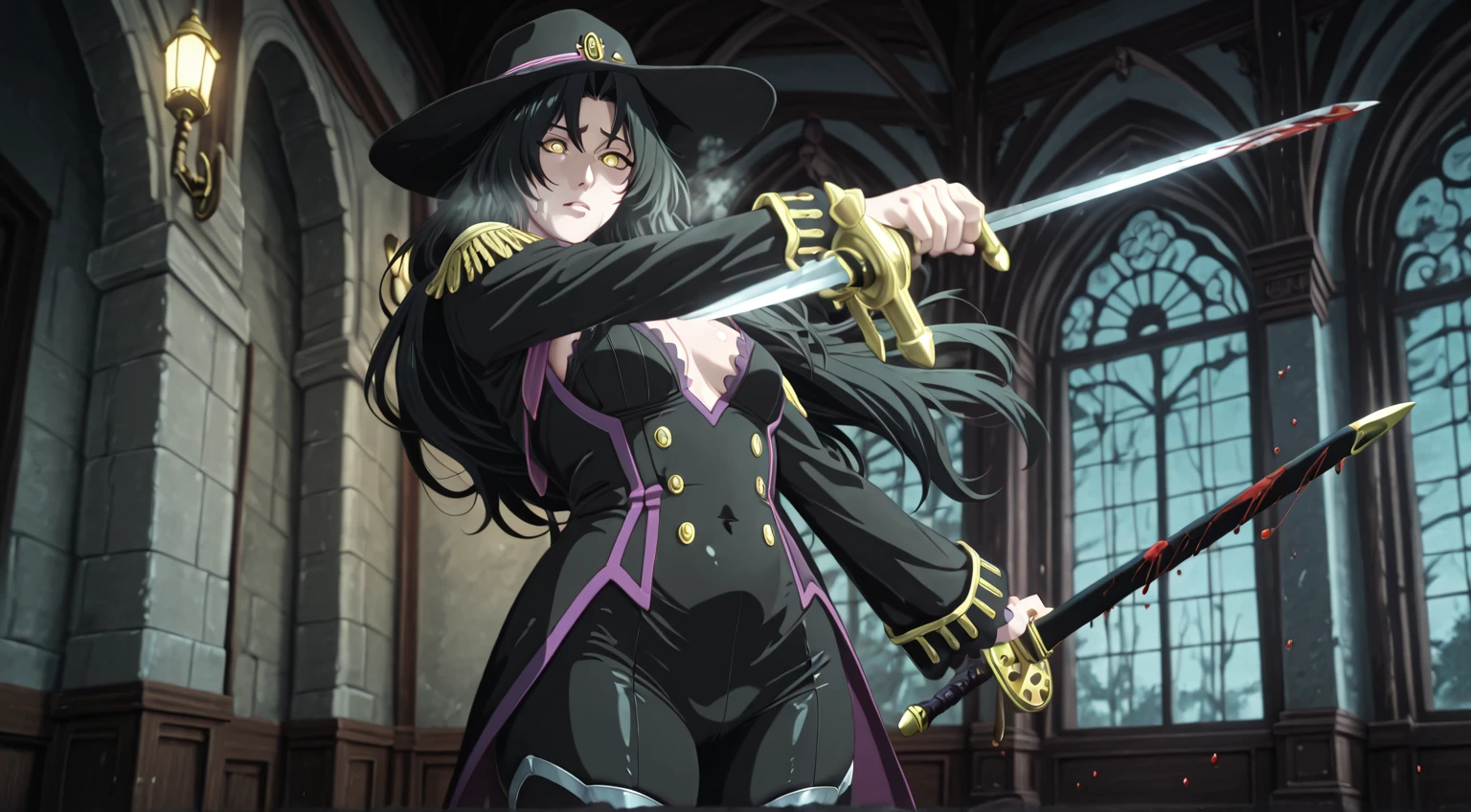 ((best quality)), ((highly detailed)), masterpiece, extremely detailed face, beautiful face, (detailed eyes, deep eyes), (1girl),  cowboy shot, Blair (Soul Eater), yellow eyes, long hair,  purple hair, curls, large breasts, smile, paw pose, Blair's hat, witch hat, black dress, detached sleeves, thigh boots, neck bell, (inside, at an indoor pool), oda non