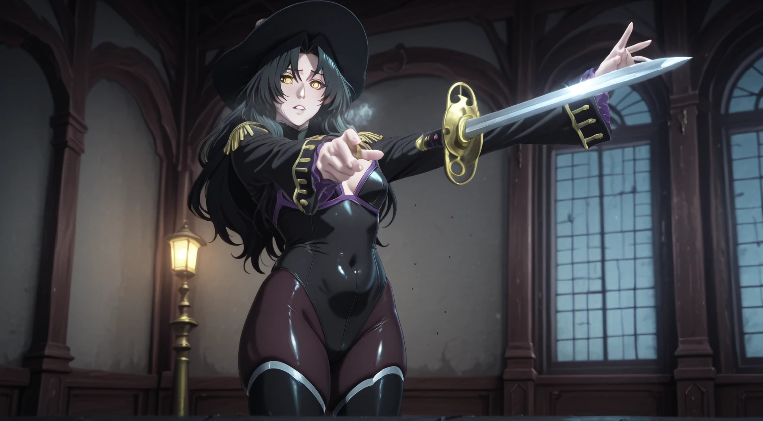 babu-style, anime coloring, anime screencap, anime-style detailed background, vignetting, masterpiece, high quality, absurdres, best quality, very aesthetic, newest, dynamic composition, anatomical correct, HD, 4K, digital art, trending on ArtStation, ((anatomical correct)), perfect body, perfect eyes, perfect fingers, gasping, heavy breathing, gasping profusely, cinematic, ((skindentation)), ((curvy)), dominique de sade, long hair, black hair, curtained hair, ((small breasts)), yellow eyes, ((black pupils)), plump, shiny skin, sword, 1girl, hat, holding_sword, solo, long_sleeves, blood, dusty, fantasy art,