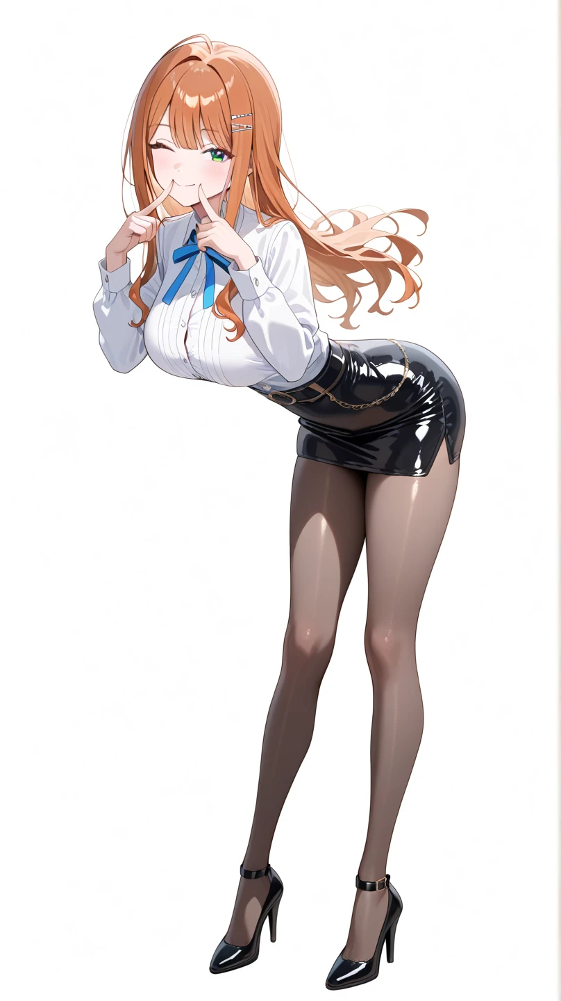 1girl, pantyhose, skirt, solo, shirt, white_shirt, looking_at_viewer, pencil_skirt, ass, black_skirt, smile, long_hair, office_lady, breasts, black_pantyhose, closed_mouth, bangs, collared_shirt, pink_eyes, red_necktie, ponytail, black_pantyhose, miniskirt, white background, simple background, leaning_forward, from behind, looking behind, ass, grabbing own ass, both arm on own ass, full body, high heels, kneeling, spread legs