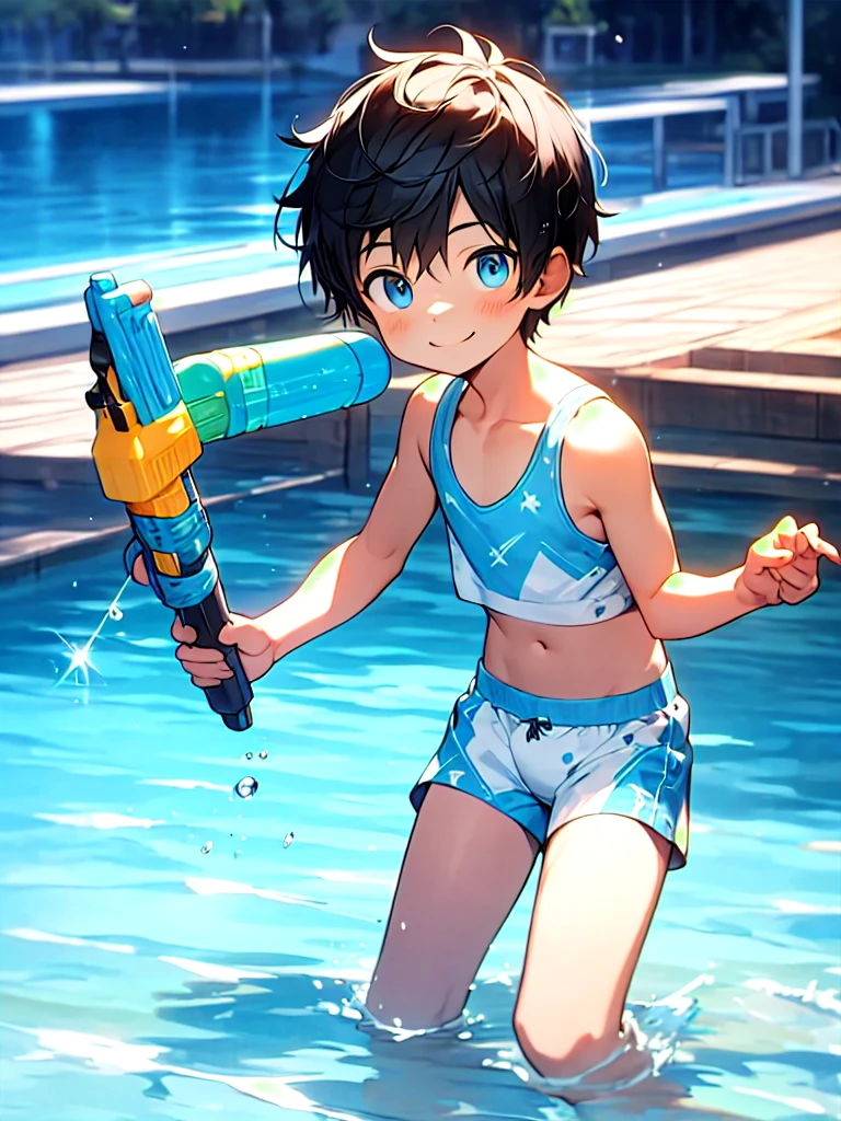 Shota,Blue Hair,Wolf ears,Toddler,blue eyes, Q version, cute, stand up, Masterpiece, high resolution,8K,Detailed background,high quality,Boys have strong sexual desire,Solitary,Swimming pants,Beach,Happy expression,water gun