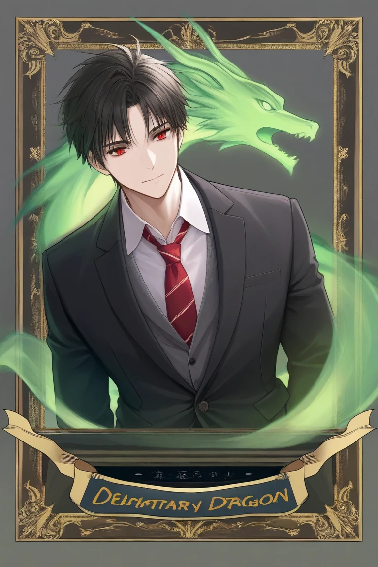 black hair, Surrealism, 8k, super detail, UHD, masterpiece, accurate, anatomically correct, textured skin, super detail, high details, high quality, award winning, best quality
"A confident, handsome young man with dark hair, slightly messy, wearing a stylish, colorful suit with a unique, intricate pattern. He has a mischievous smile and a sharp, intense gaze with one red eye. The background is a surreal, vibrant setting with abstract shapes and patterns, including coiled serpents and stained-glass elements."