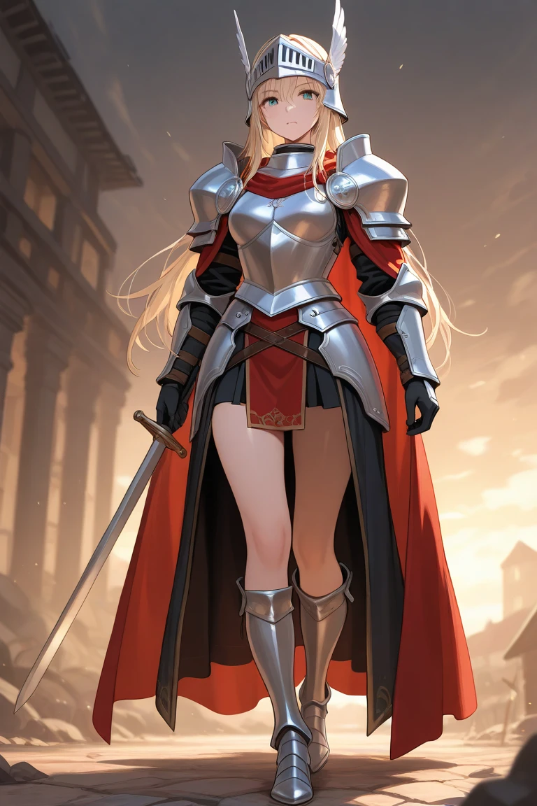 Beautiful images,Detailed Images,Official image,One Woman,Blonde,Blue Eyes,Ponytail Hair,Model body type,(Dark Skin:1.3),Elf Ears,Large Breasts,(Black Knight Heavy Armor,Red Cape:1.3),Carry a sheathed sword on your waist,