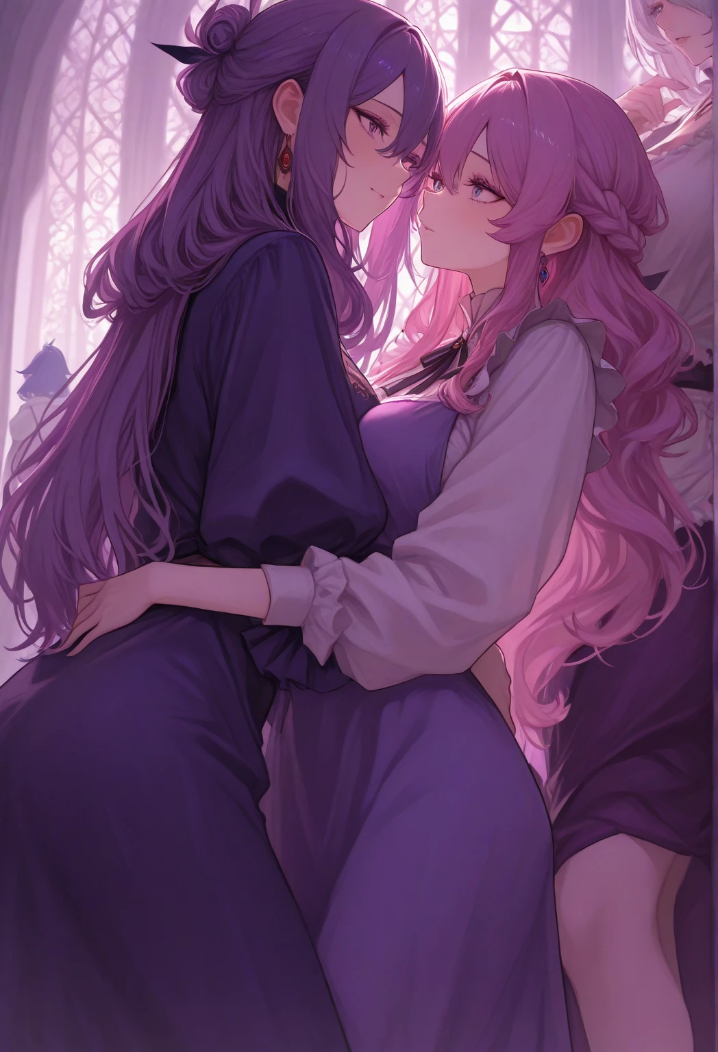 masterpiece, Best quality,, 2 girls, Lily, (Kiss:1.4), (French kiss), Blushing, Eyes closed, (tongue), (Saliva), (groping), Hands on chest, Tongue sucking, sweat, Monk, Sister, Church, glasses, Aunt and girl, Hands inside monastic clothes and touching breasts,