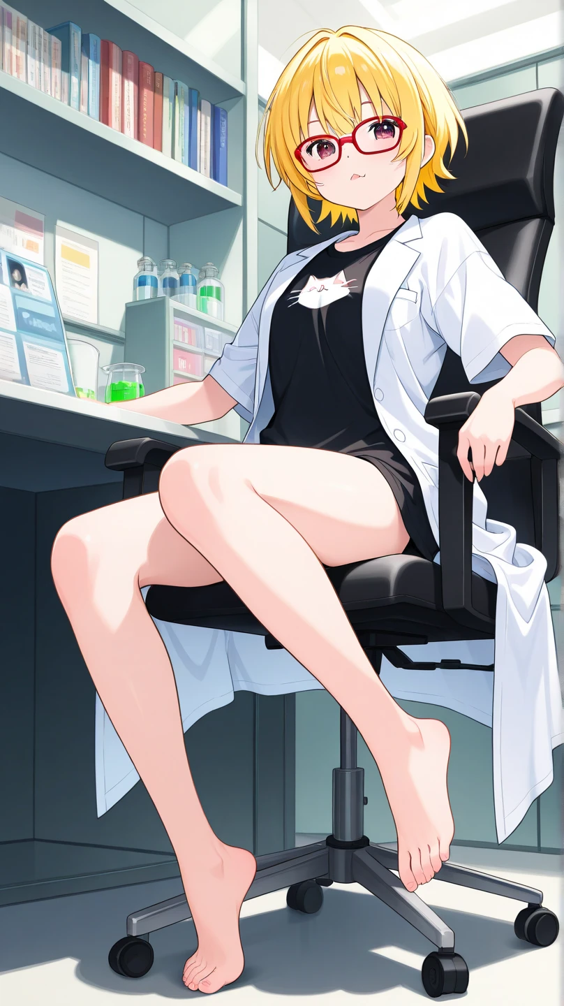 White hair,Long hair, Draped hair, no ponytail girls, White lab coat, Coat, A cup, head-up to the camera, Facing the camera, In a dark room,The girl sat in a black office chair, with her hands folded on her chest, revealing her legs in black silk, With a smiling emoji, and her left foot on her right foot,There is a bunch of flashing displays behind the girl,The display is on a black desk,