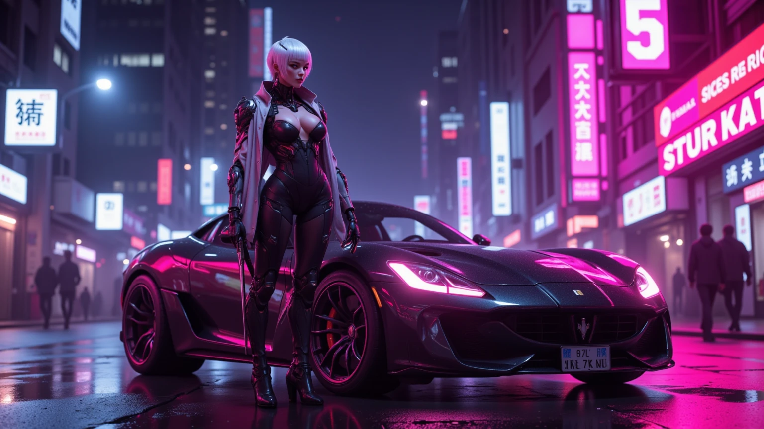 A cute woman ( sexy skin suit, a few cybernetic data-ports mar her skin, neon chrome color scheme (random color)) posing next to a matching cyber super car, future tokyo
