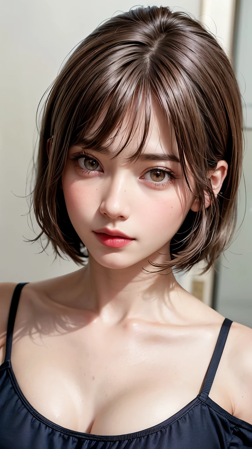 ((masterpiece, top quality, high definition)), one girl, (photorealistic: 1.4), solo, white background, snow-white background, ((from above, slightly above, looking up at the viewer, looking up, looking up at the camera, staring at the camera)), mouth closed, happy smile, happy smile, happy smile, pretty black hair, short hair, big eyes, clear double eyelids, eyelashes, ears out, long neck, long neck, absolute area, (draw all head, shoulders), 19 years old, attractive proportions, shiny skin, clean collarbone, face in golden proportions, perfect face, tearful mole, mole on chest, bangs, clean bangs, lip gloss, thin lips, fair skin, naked, big breasts, small face, small face, draw all head, draw all shoulders,