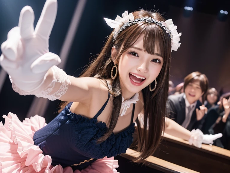 profile、Turned around、Butt,Flat Chest、(Slim body)、((Slim body))、Long Hair,Straight Bangs,Embarrassing,masterpiece,diamond、Earrings,background of fantasy,(((Brown Hair)))、 hair ornaments,Headband,Brown Hair, dress, (赤のdress), Ruffled gloves, Frills, gloves, Heart Brooch, Idol, Idol clothes, jewelry, Pink gloves, ribbon, looking at viewer,Indoor break,break (Tabletop:1.2), Highest quality, Nude,nude,(topless),(Nipples are visible),(From above),Flat Chest,(Slim body),((Slim body)),Embarrassing,masterpiece,diamond、Earrings,background of fantasy, タートルネックdress,break looking at viewer,Indoor break,break (Tabletop:1.2), Highest quality, High resolution, unity 8k wallpaper, (shape:0.8), (Beautiful details:1.6), Highly detailed face, Perfect lighting, Extremely detailed CG, (Perfect hands, Perfect Anatomy),Laughing with your mouth open、Concert Venues、live house、stage、Cowboy Shot