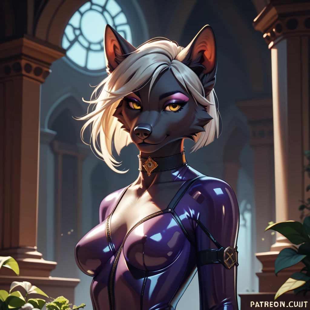 furry female, cat girl, felid, two-tone fur, 1girl, furry, breasts, animal ears, whiskers, solo, colored sclera, ring, jewelry, upper body, blush, cleavage, :3, half-closed eyes, yellow sclera, earrings, piercing, yellow eyes, looking at viewer, bandages, cat ears, animal nose, smile, ear piercing, shiny, purple background, closed mouth, sarashi, outline, body fur, black fur, border, collarbone, short hair, medium breasts, simple background, gradient background, nsfw