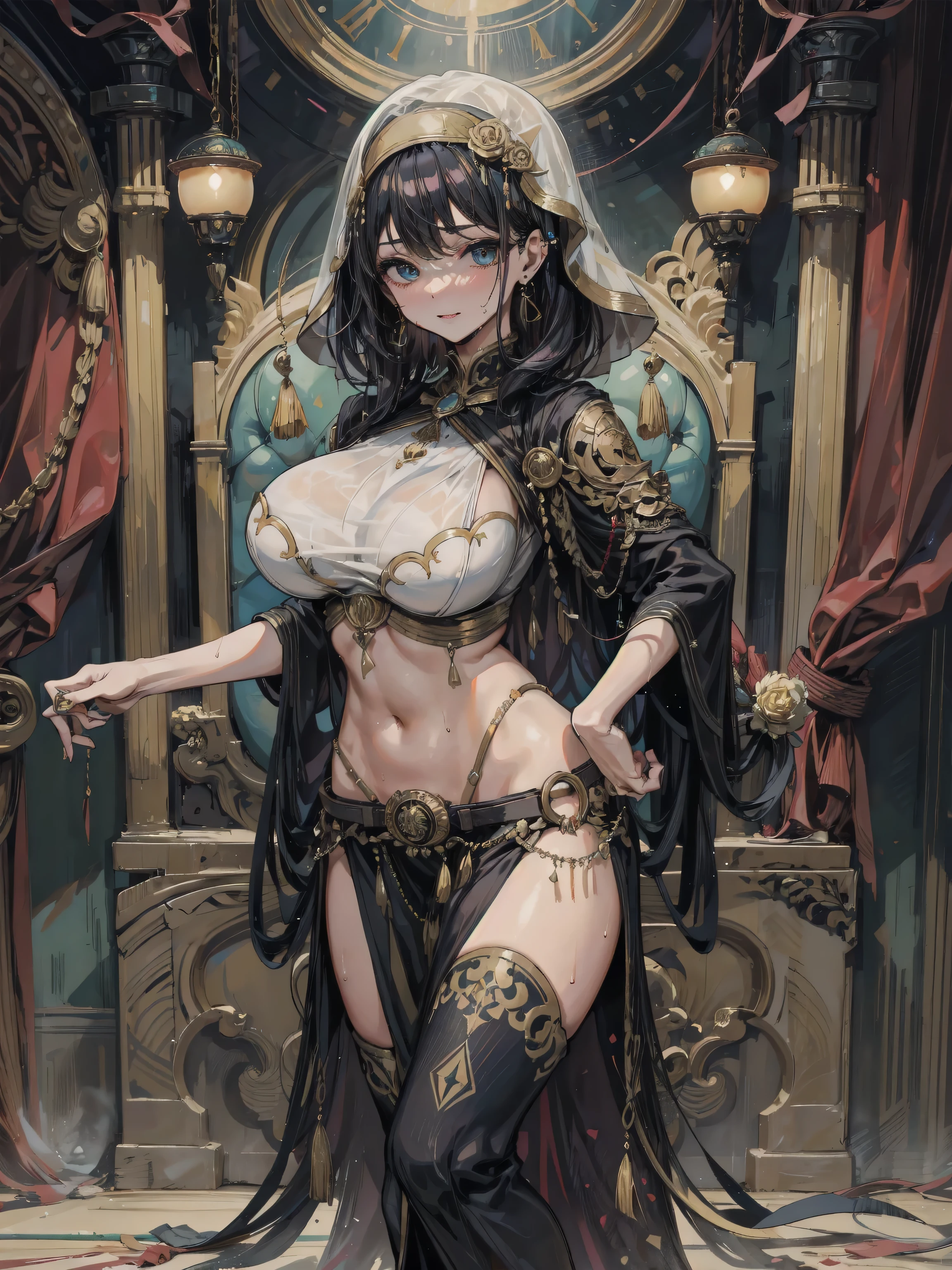 absurdres, RAW photo, extremely delicate and beautiful, masterpiece, Best Quality, ultra high resolution, 32k, hyperrealistic, ultra-detailed, perfect anatomy, anatomically correct, perfect figure, super Detailed skin, pale skin, 20 years old, very Slim body, narrow waist, very small head, very small face, delicate facial features, detailed face, detailed eyes, tearful mole, earring, thin legs, bare legs, ((very huge round breasts)), short medium hair, ((wavy hair)), wet clothes, full body shot, alone, fortune teller robes, in gipsy tent, skirt, face veil, robe, cloak,