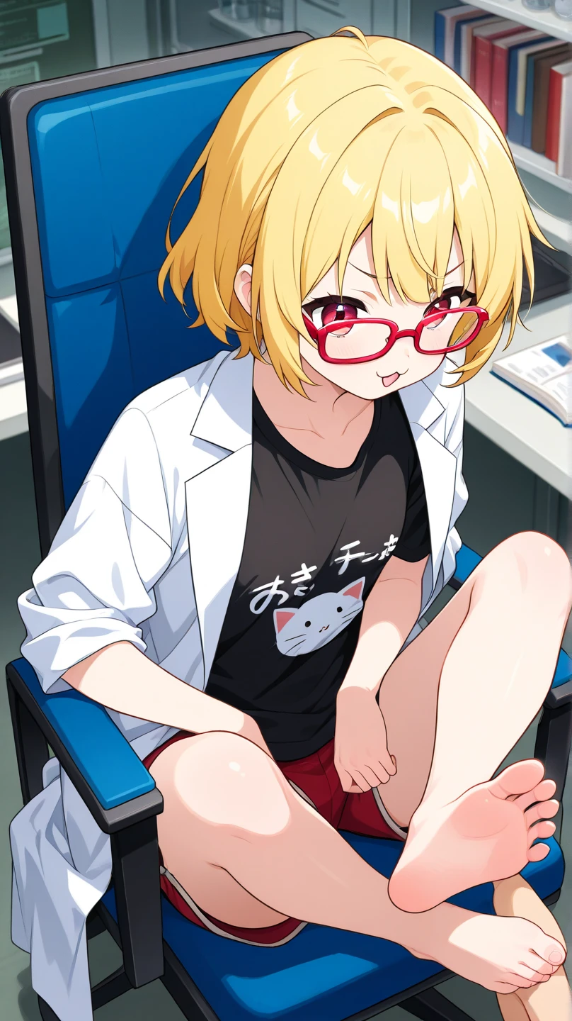 carolgear,1girl, blonde hair, blue eyes, blush, collarbone, nude, labcoat, nude labcoat, high heels, pantythose, glasses, fixing eyewear, sitting, indoors, laboratory, small breasts, short <lora:CarolGear symph 05:0.8>, score_9, score_8_up, score_7_up, score_6_up, score_5_up, score_4_up, BREAK source_anime, masterpiece