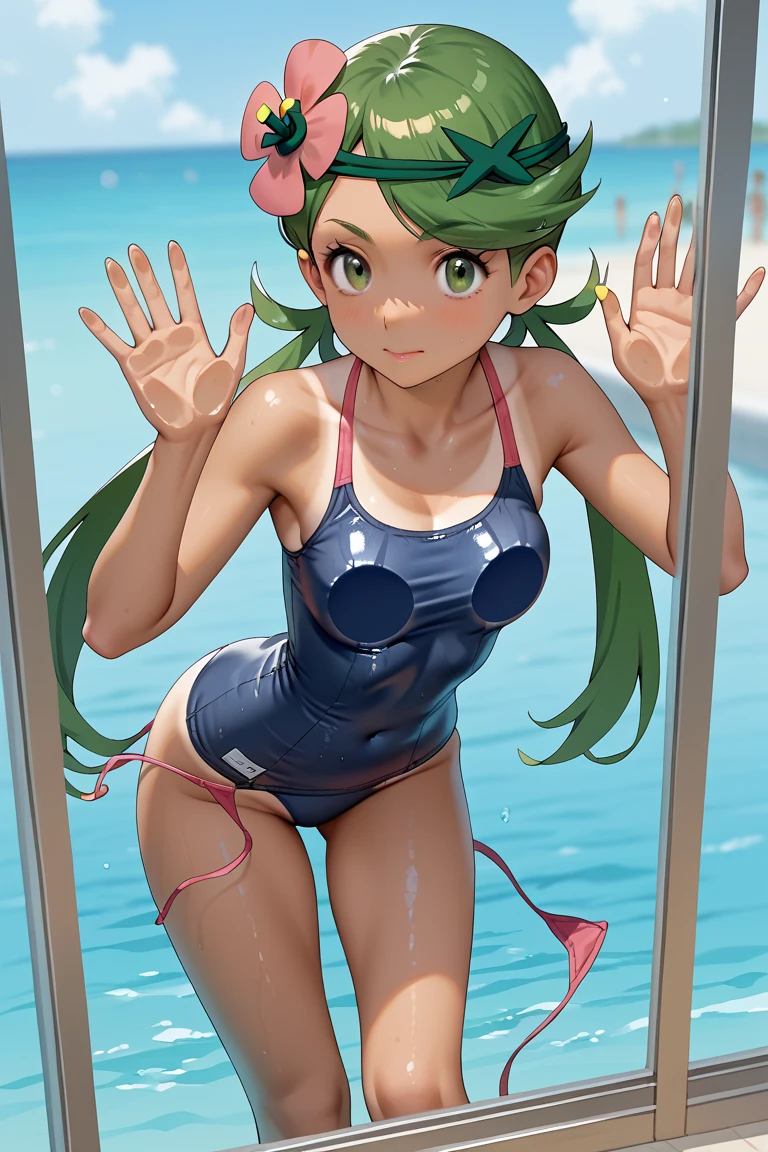 score_9, score_8_up, score_7_up, source_anime,asui tsuyu, small breasts , my hero academia, , breasts , school swimsuit, breast cutouts, pussy cutout, school pool, blue swimsuit, exposed nipples, standing, hands behind head