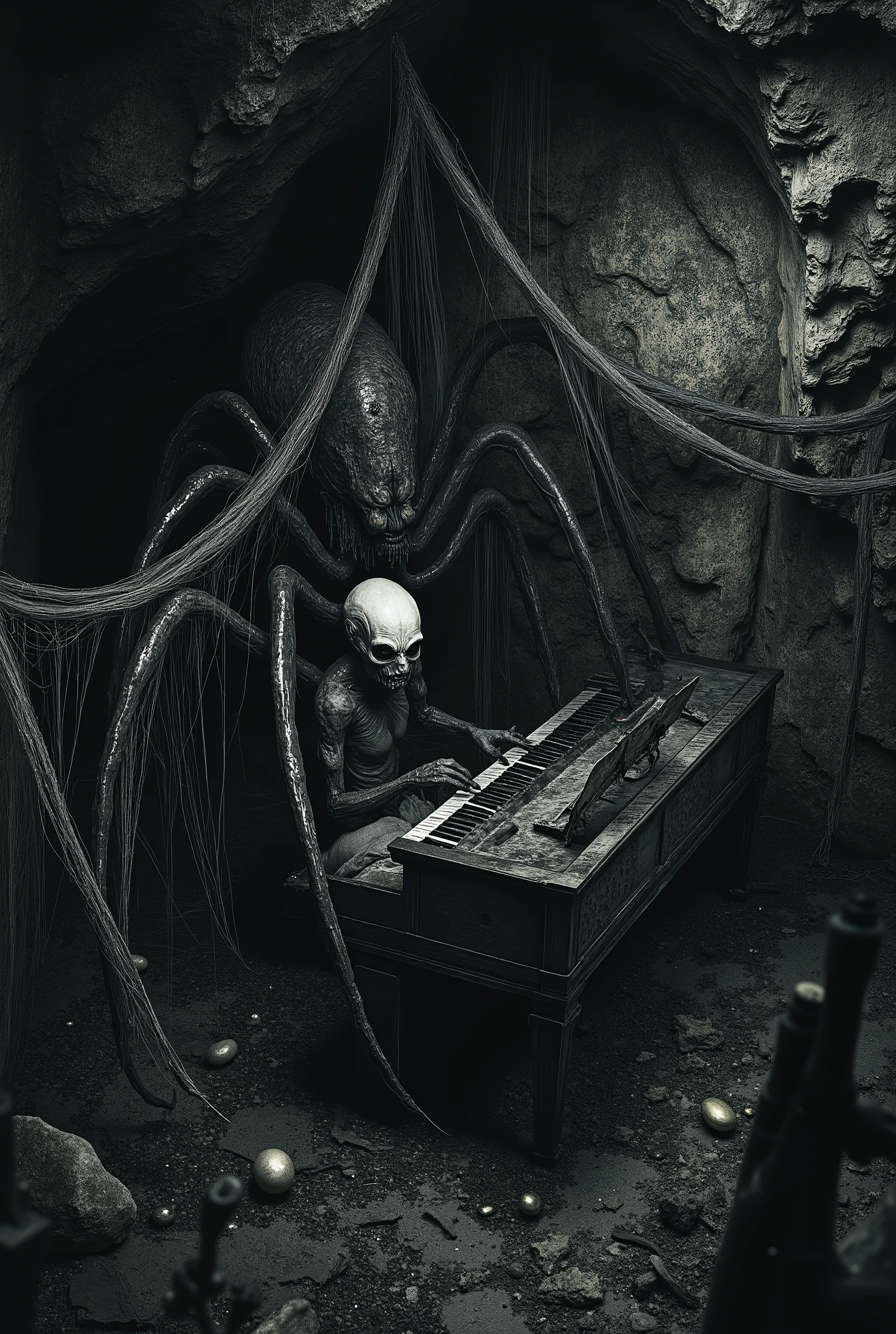 In a dark, damp cavern filled with thick spider webs and glistening eggs, a monstrous woman with arachnid features emerges. Her pale skin starkly contrasts with the decaying surroundings, and long, sinister spider legs sprout from her back. She sits at an ancient, weathered piano, playing its keys with her human hands, while her extra legs extend menacingly, adding a macabre twist to the melody. Dim light filters through cracks in the rock, accentuating the disturbing details of her face and the sticky textures of the webs, creating a scene that fuses horror, beauty, and a surreal, intimidating atmosphere