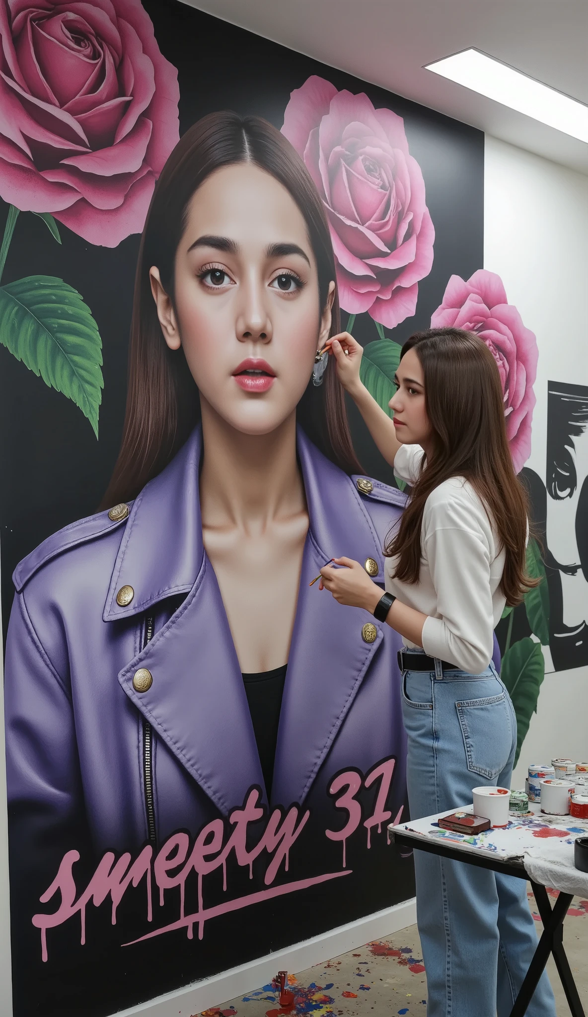 (Masterpiece in maximum 16K resolution:1.6), (intricate detail:1.4), (extremely insane detail:1.4),(highest quality:1.3) | A person with long, straight brown hair is standing in front of a large mural, painting on it with a brush. They are wearing a white long-sleeve top, blue jeans, and a black belt, with a watch on their wrist. The mural features a vibrant design with large pink roses, green leaves, and a person in a purple leather jacket against a black background with dripping paint effects. The text "sweety 31" is written in pink cursive at the bottom of the mural. The setting appears to be an indoor art studio with a table in the foreground holding various paint cans and brushes, and the floor is splattered with colorful paint, creating a lively and creative atmosphere. | (A pretty female ):1.3), {The camera is positioned very close to her, revealing her entire body as she adopts a dynamic_pose, boldly moving around the scene in an exciting way} | She is adopting a ((dynamic_pose as interacts, boldly moving a exciting way):1.3), ((perfect_pose)), ((perfect_pose):1.5), (((full body))), ((perfect_fingers, better_hands, perfect_hands, perfect_legs)), ((perfect_fingers, better_hands, perfect_hands, perfect_legs):0.7), (((More_Detail)))..