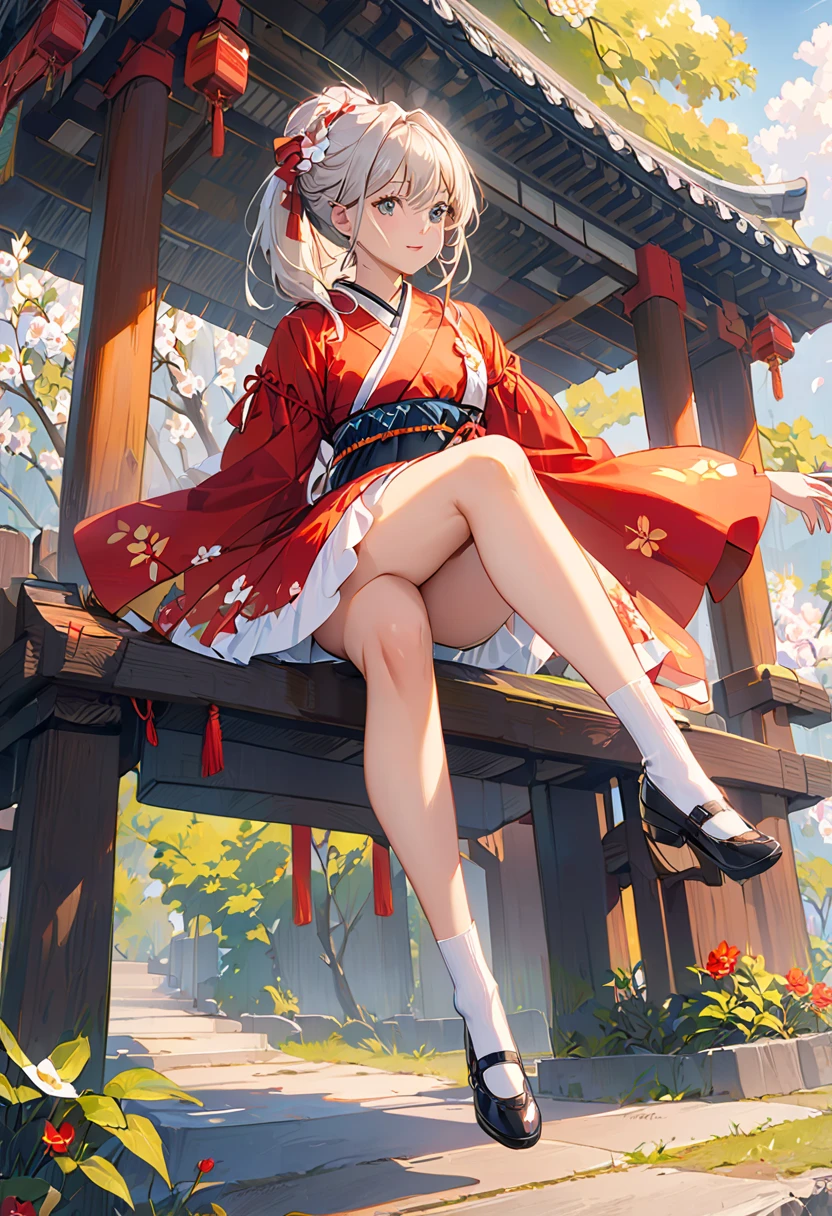 The world of  and snow, white flowers, white cat-eared girl, lively and cute white stockings〈White in red〉White gauze stars are shining brightly, sitting softly in Chinese retro style