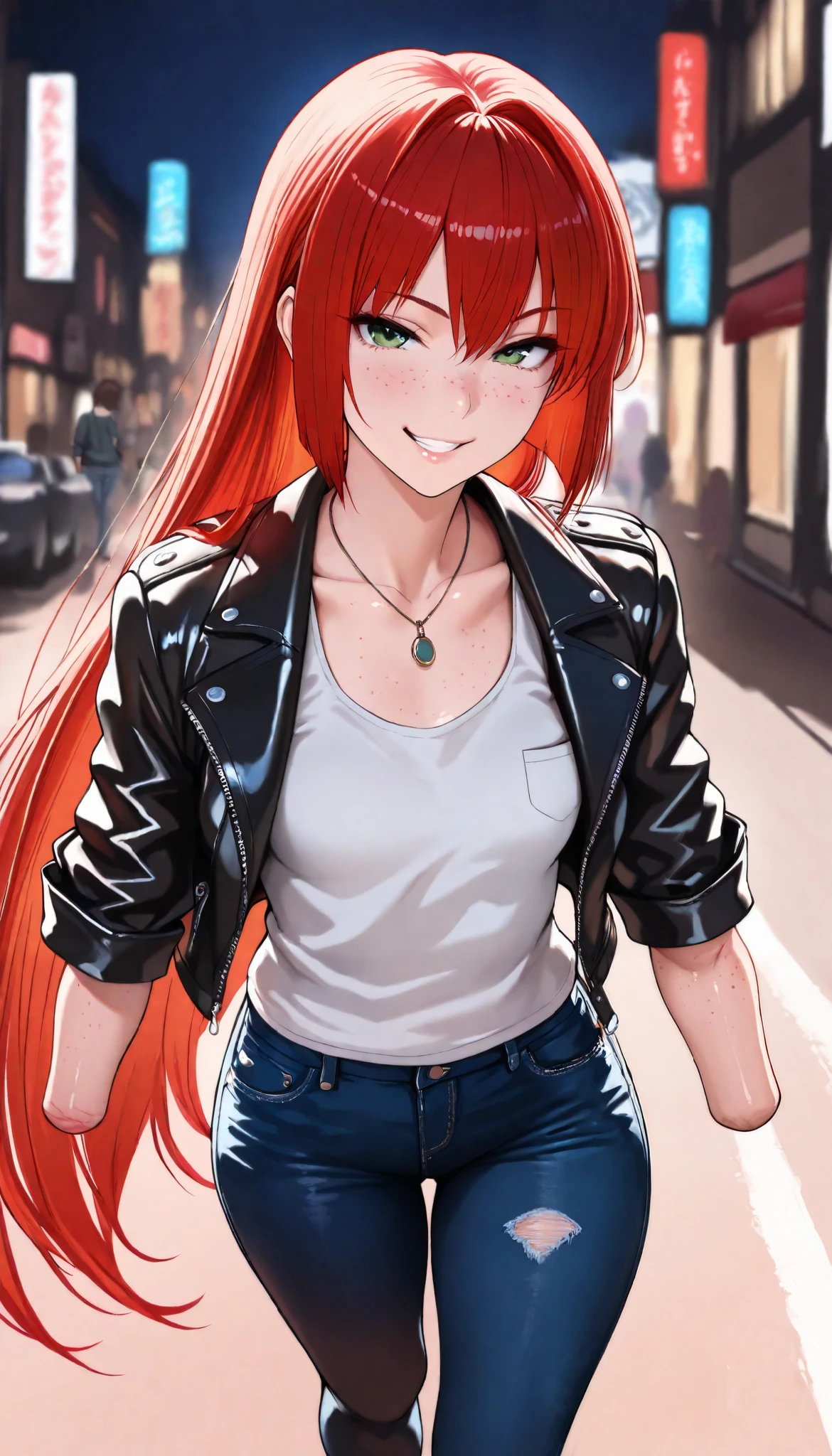 beautiful armless amputee girl dressed in tank top and bomber with rolled sleeves and jeans walking on the street, girl, cute, sassy, grin, green eyes, (freckles), redhead, ((long straight red hair)), tank top, necklace, ((leather jacket)), (((rolled up sleeves))), ((missing forearms)), ((elbows)), ((amputee)), (((arm stumps))), (((collarbone))), big chest, (chest pocket), jeans, ((legs)), looking at viewer, night, shiny street, masterpiece, best quality, amazing quality, realistic. hyper-detailed,