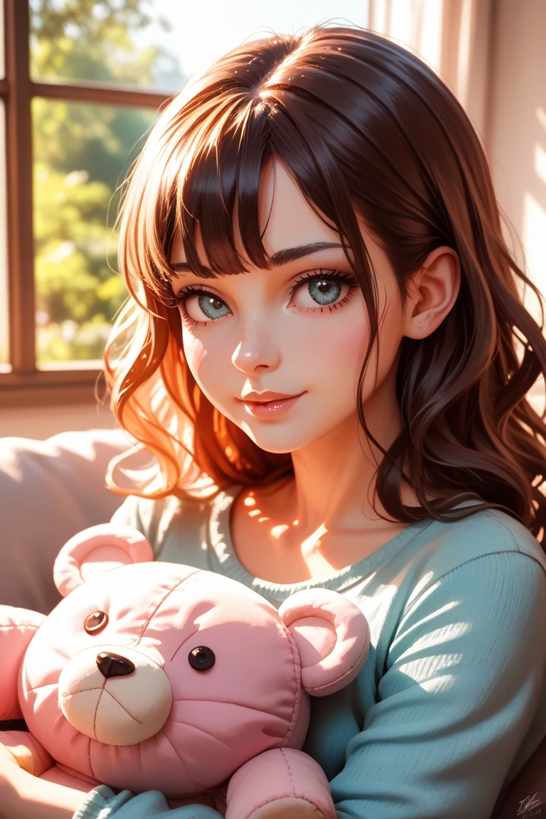 1girl walking on the river, mix4, sweater, pillow, lips, open_mouth, realistic, photo_\(medium\), solo, stuffed_animal, stuffed_toy, teddy_bear,(masterpiece),(photorealistic:1.3), ultra-detailed, (high detailed skin:1.2),(best quality:1.0), (ultra highres:1.0), (ulzzang-6500:0.3), wavy detailed hair, long hair, sunshine, (beautiful detailed makeup), (sexually aroused blushing heavy breathing:1.0), floral theme flower petals scattered, (soft glow bloom:0.5)
