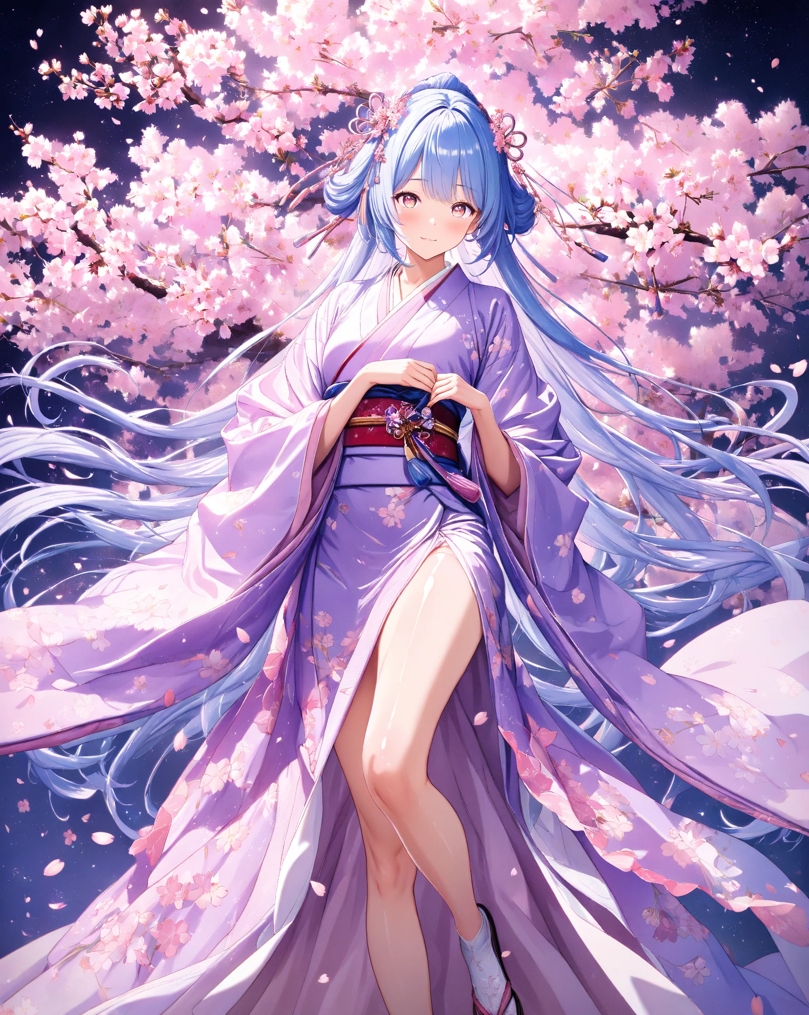 quality:masterpiece,best quality,ultra-detailed,32k,detailed background,
theme:BREAK,(A 20-year-old woman in a breathtakingly elegant kimono that shines in the blue light of the lights):1.3,perfect proportions,detailed skin texture,deep yet somewhat sad smile,Breathtakingly detailed facial features,vivid eyes that feel like being sucked in, delicate and moisturized lips ,
Each finger is rendered in detail,(Shiny blue hair):1.1,Smooth texture like silk,Flowing in the wind,Natural shadows and highlights,Natural and graceful hand pose,Hands based on realistic human anatomy,transparent fingertips that make you feel like you're being sucked in,Clearly defined joints,Detailed expression of the fingers,
Smooth and curvaceous body lines,Translucent and moisturized skin,Graceful knee lines,Natural and beautiful leg lines,
Delicate body contours,Natural wrinkles and shadows in the clothes,Shiny fabric texture,Beautiful, smooth draping,(Poses looking up at cherry blossoms):1.3,
costume:BREAK,(Light purple kimono with long flowing sleeves):1.3,(kimono with smooth drapes made of shiny silk):1.2,Realistic Fabric, intricate details,detailed folds,Pastel Pink Obi,Crimson Belt,Cherry Blossom Patterned Sack Belt,Adorable sandals with intricate patterns decorated with gold thread and silver thread,beautiful floral hair ornament,Are you wearing sakura-patterned socks,
Style:BREAK,photorealistic,3D rendering,cinematic lighting,volumetric lighting,ray tracing,depth of field,cinematic shot,pastel,translucent,
background:BREAK,(The weeping cherry blossoms in full bloom at night are illuminated in the foreground):1.3, (Weeping cherry blossoms in full bloom at night are illuminated in front of the Milky Way where countless stars shine in the back):1.4,,(backgroundに広がる漆黒の夜空と煌めく星々):1.4,,(and weeping cherry blossoms in full bloom are illuminated):1.3,(cherry blossom petals dance):1.3,( cherry blossom petals scattered on the ground ):1.2,(Sparkling stars spreading in the night sky々):1.4,(The dark night sky spreads as far as the eye can see):1.3,volumetric lighting,幻想的なbackground,