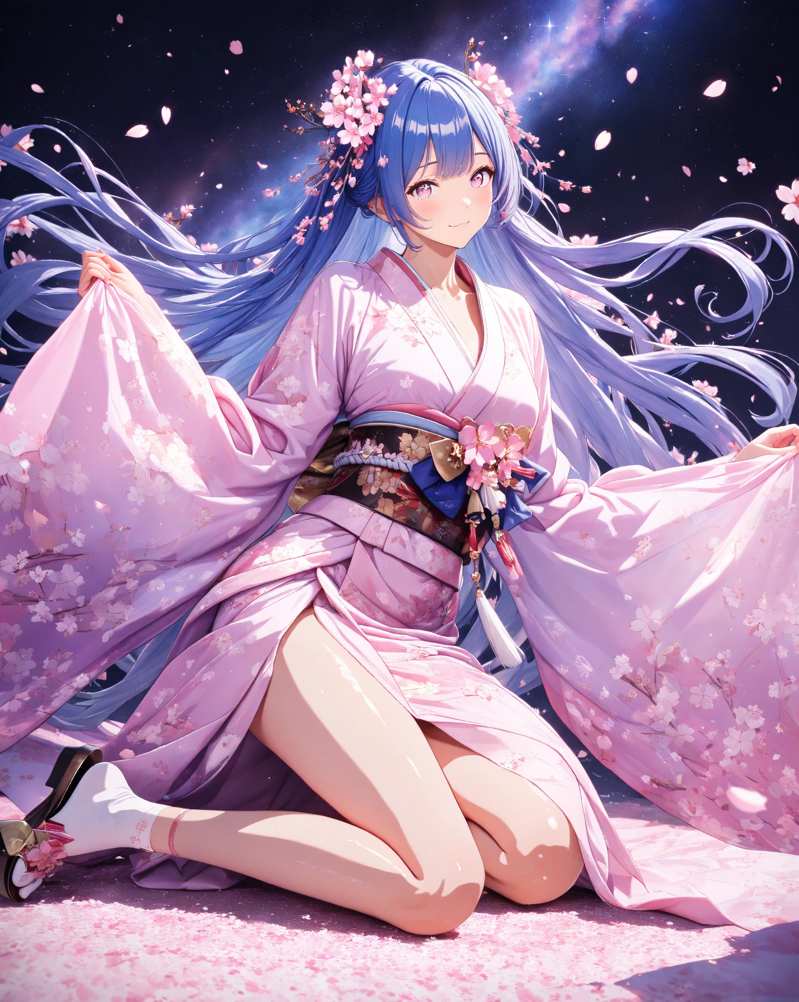 quality:masterpiece,best quality,ultra-detailed,32k,detailed background,
theme:BREAK,(A 20-year-old woman in a breathtakingly elegant kimono that shines in the blue light of the lights):1.3,perfect proportions,detailed skin texture,deep yet somewhat sad smile,Breathtakingly detailed facial features,vivid eyes that feel like being sucked in, delicate and moisturized lips ,
Each finger is rendered in detail,(Shiny blue hair):1.1,Smooth texture like silk,Flowing in the wind,Natural shadows and highlights,Natural and graceful hand pose,Hands based on realistic human anatomy,transparent fingertips that make you feel like you're being sucked in,Clearly defined joints,Detailed expression of the fingers,
Smooth and curvaceous body lines,Translucent and moisturized skin,Graceful knee lines,Natural and beautiful leg lines,
Delicate body contours,Natural wrinkles and shadows in the clothes,Shiny fabric texture,Beautiful, smooth draping,(Poses looking up at cherry blossoms):1.3,
costume:BREAK,(Light purple kimono with long flowing sleeves):1.3,(kimono with smooth drapes made of shiny silk):1.2,Realistic Fabric, intricate details,detailed folds,Pastel Pink Obi,Crimson Belt,Cherry Blossom Patterned Sack Belt,Adorable sandals with intricate patterns decorated with gold thread and silver thread,beautiful floral hair ornament,Are you wearing sakura-patterned socks,
Style:BREAK,photorealistic,3D rendering,cinematic lighting,volumetric lighting,ray tracing,depth of field,cinematic shot,pastel,translucent,
background:BREAK,(The weeping cherry blossoms in full bloom at night are illuminated in the foreground):1.3, (Weeping cherry blossoms in full bloom at night are illuminated in front of the Milky Way where countless stars shine in the back):1.4,,(backgroundに広がる漆黒の夜空と煌めく星々):1.4,,(and weeping cherry blossoms in full bloom are illuminated):1.3,(cherry blossom petals dance):1.3,( cherry blossom petals scattered on the ground ):1.2,(Sparkling stars spreading in the night sky々):1.4,(The dark night sky spreads as far as the eye can see):1.3,volumetric lighting,幻想的なbackground,