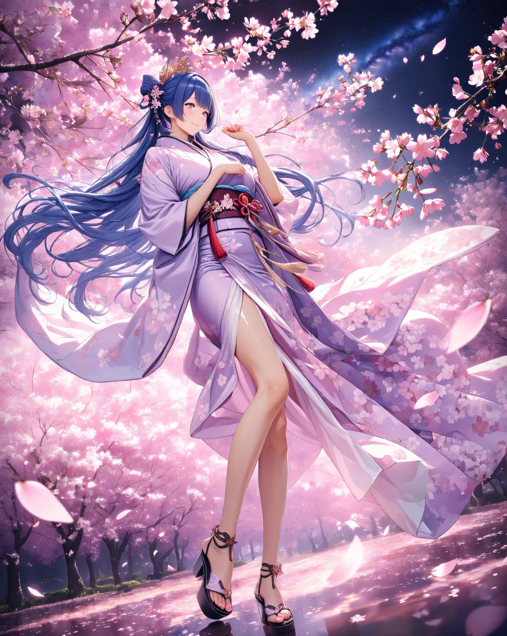 quality:masterpiece,best quality,ultra-detailed,32k,detailed background,
theme:BREAK,(A 20-year-old woman in a breathtakingly elegant kimono that shines in the blue light of the lights):1.3,perfect proportions,detailed skin texture,deep yet somewhat sad smile,Breathtakingly detailed facial features,vivid eyes that feel like being sucked in, delicate and moisturized lips ,
Each finger is rendered in detail,(Shiny blue hair):1.1,Smooth texture like silk,Flowing in the wind,Natural shadows and highlights,Natural and graceful hand pose,Hands based on realistic human anatomy,transparent fingertips that make you feel like you're being sucked in,Clearly defined joints,Detailed expression of the fingers,
Smooth and curvaceous body lines,Translucent and moisturized skin,Graceful knee lines,Natural and beautiful leg lines,
Delicate body contours,Natural wrinkles and shadows in the clothes,Shiny fabric texture,Beautiful, smooth draping,(Poses looking up at cherry blossoms):1.3,
costume:BREAK,(Light purple kimono with long flowing sleeves):1.3,(kimono with smooth drapes made of shiny silk):1.2,Realistic Fabric, intricate details,detailed folds,Pastel Pink Obi,Crimson Belt,Cherry Blossom Patterned Sack Belt,Adorable sandals with intricate patterns decorated with gold thread and silver thread,beautiful floral hair ornament,Are you wearing sakura-patterned socks,
Style:BREAK,photorealistic,3D rendering,cinematic lighting,volumetric lighting,ray tracing,depth of field,cinematic shot,pastel,translucent,
background:BREAK,(The weeping cherry blossoms in full bloom at night are illuminated in the foreground):1.3, (Weeping cherry blossoms in full bloom at night are illuminated in front of the Milky Way where countless stars shine in the back):1.4,,(backgroundに広がる漆黒の夜空と煌めく星々):1.4,,(and weeping cherry blossoms in full bloom are illuminated):1.3,(cherry blossom petals dance):1.3,( cherry blossom petals scattered on the ground ):1.2,(Sparkling stars spreading in the night sky々):1.4,(The dark night sky spreads as far as the eye can see):1.3,volumetric lighting,幻想的なbackground,