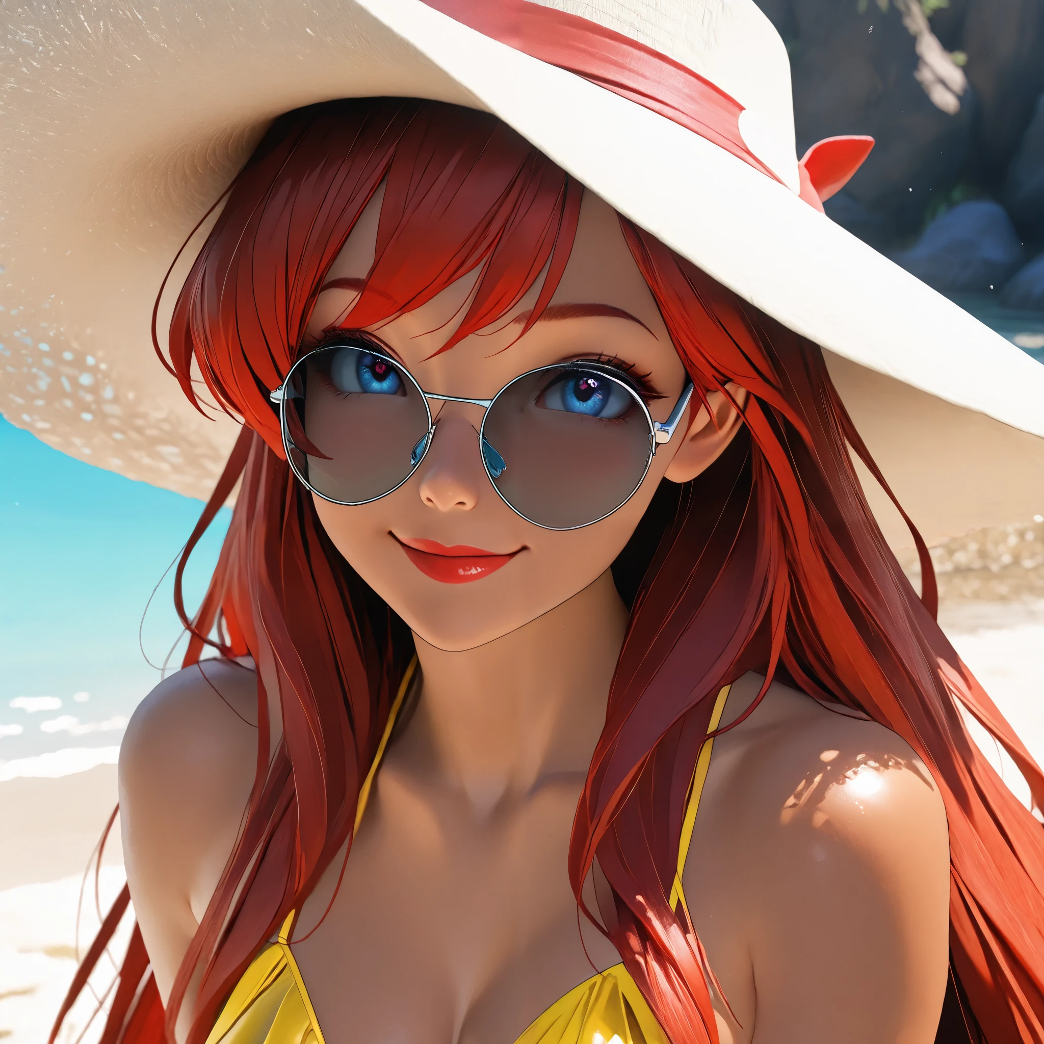 8K,Masterpiece, cgstation, hyper CGI style, arte extremadamente detallado de artgerm, photorealistic chica anime render, 8K anime drawing style, Best Quality, 3d rendering, intricate, cute, hyper detailed, medium bust, 27 years old, a woman, sensual smile, red lips, super detailed skin, super beautiful eyes,front,perfect nose, DisneyAriel, 1girl, Red hair, blue eyes, long hair,princess Ariel the little mermaid, A tanned young woman wearing a frilly yellow bikini, Sunglasses, and a wide-brimmed hat, lies on the sand while the crystal-clear water laps her legs. Her expression is relaxed and happy.