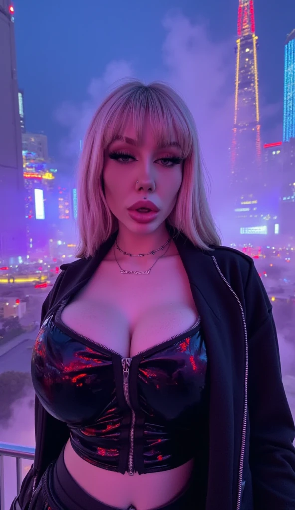 A dark night over the city, red moon, red moon with energy flow, energy tide, bad premonition, view, There is a flow of energy., Very realistic, 4k, Young woman, gray hair, scarred face, 170 cm tall.. Weight 50 kg. Wearing a tank top, short skirt, white latex material, tight, sexy, holding an ancient sword. ,pink nipples,Showing pussy,The pussy has white fluid flowing out.
