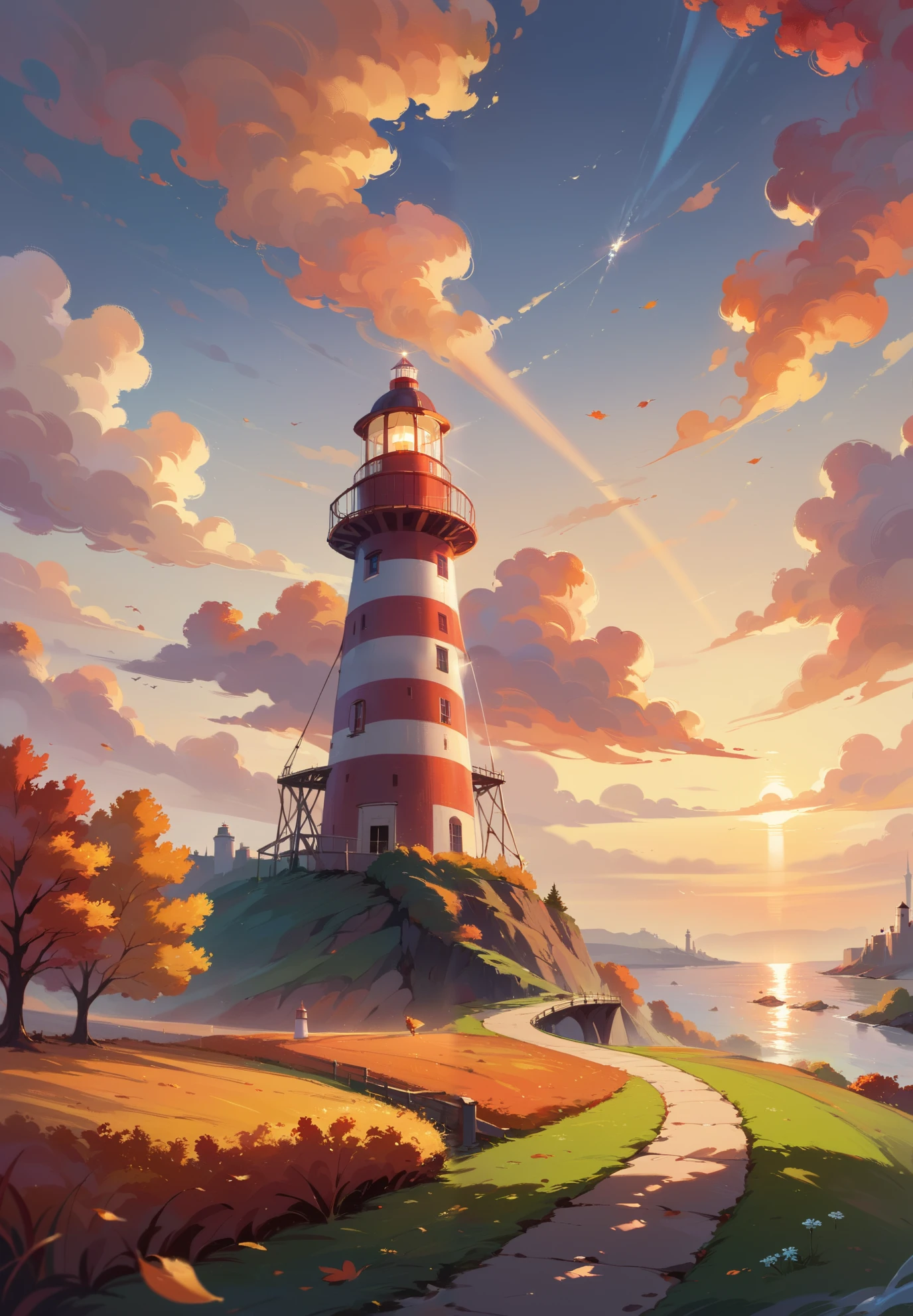 score_9, score_8_up, score_7_up, (masterpiece, UHD, 8K, 16K, ultra detailed), scenery, 1lighthouse, loneliness, sunset, (autumn), (wind:1.2), cozy, diffused light, dramatic ambient