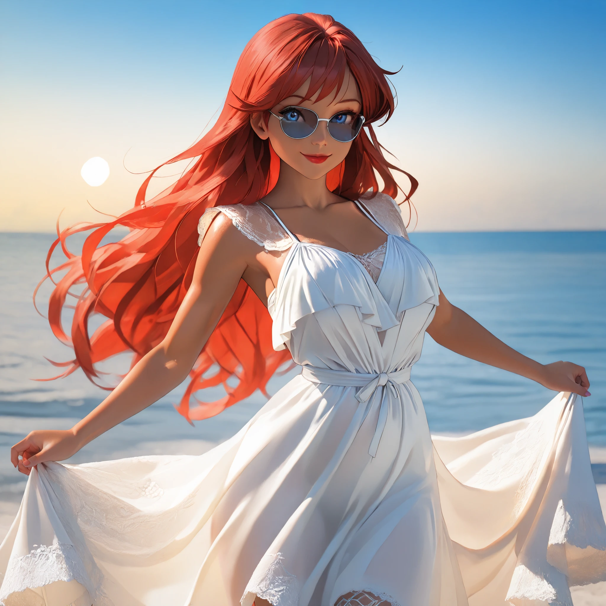 8K,Masterpiece, cgstation, hyper CGI style, arte extremadamente detallado de artgerm, photorealistic chica anime render, 8K anime drawing style, Best Quality, 3d rendering, intricate, cute, hyper detailed, medium bust, 27 years old, a woman, sensual smile, red lips, super detailed skin, super beautiful eyes,front,perfect nose, DisneyAriel, 1girl, Red hair, blue eyes, long hair,princess Ariel the little mermaid, A tanned young woman wearing a frilly yellow bikini, Sunglasses, Woman wearing a semi-sheer white lace beach dress and blue bikini underneath, standing on the seashore with her arms open, enjoying the warm wind and salty breeze.