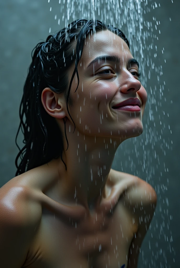 Ultra realistic photo of a Brazilian woman singing in the shower