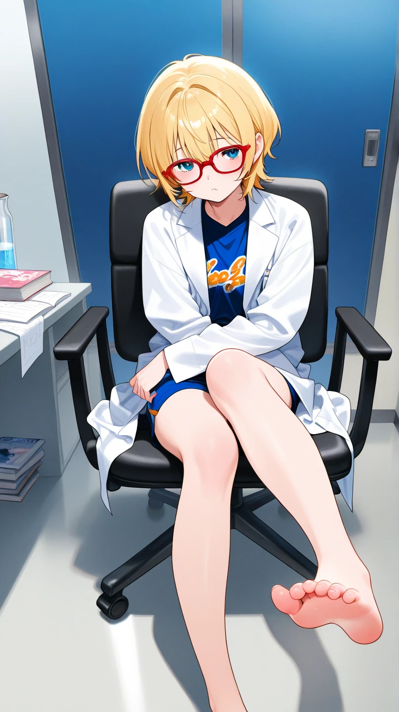 detailed illustration, dynamic angle, ultra-detailed, illustration, clean line art, shading, anime, detailed eyes, detailed face, beautiful face, dramatic lighting, ultra-detailed, illustration, single woman, masterpiece, masterwork, beautiful, blue eyes, show whole body in shot, head to toe in picture,
Thin, willowy, lithe, a cup breasts, narrow hips, creamy white skin, pale skin tone, blonde hair in a french braid with bangs, lab coat, glasses, professional, shy, quiet, mousy, conservatively dressed, puritanical, college age, look of pain on face, yelling, veins bulging, hunched over, hugging self, in pain, hurt, clothes ripping, muscles bulging, muscles growing, legs curled up, clothes too tight, clothes too small, clothes ripping from bulging muscles, big veins on face, eyes blood shot, too tall for pants, pants ripping at the seams,