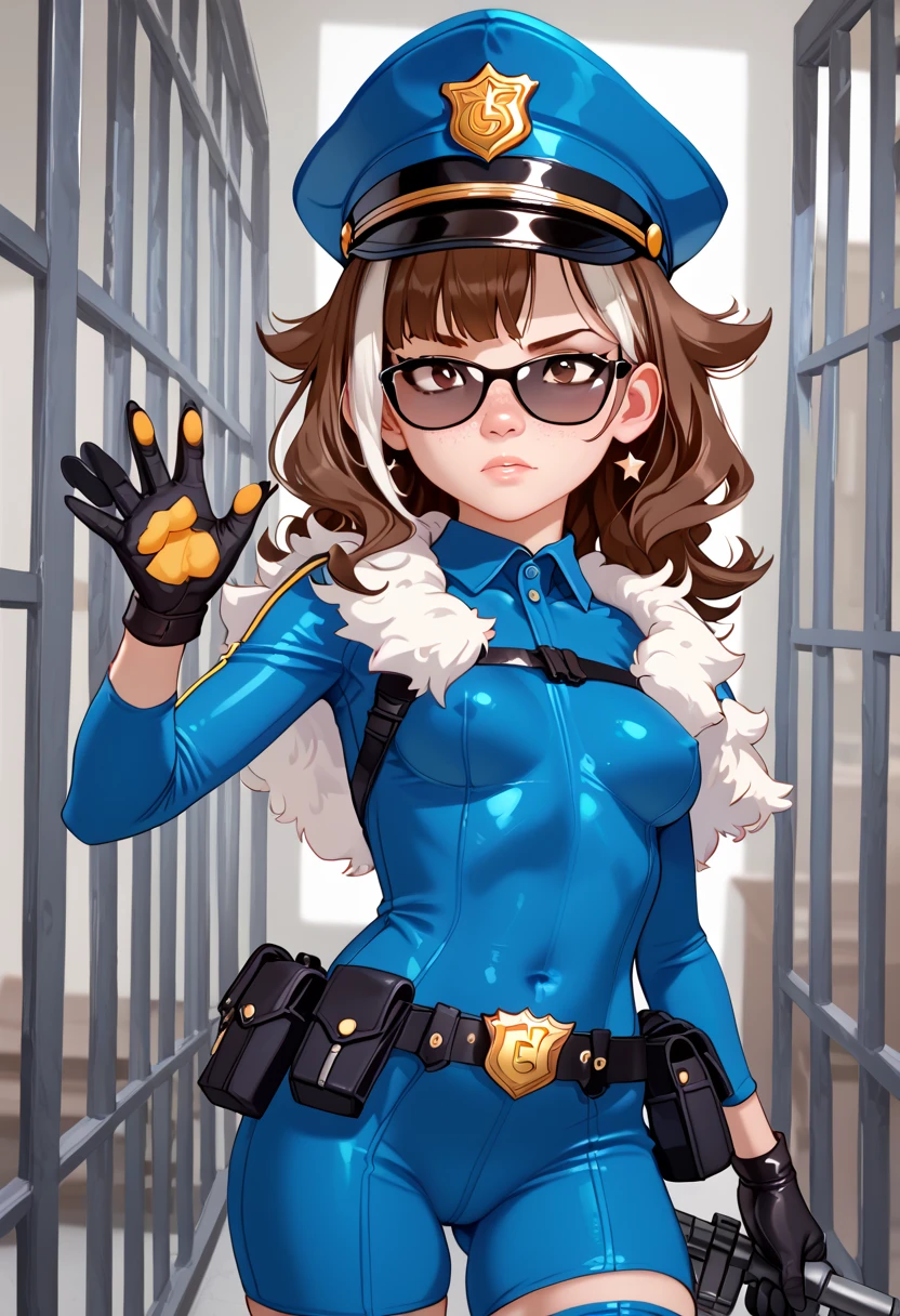 score_9, score_8_up, score_7_up, score_6_up, 1girl, young model, disapproving expression, (short brown hair), uneven bangs, straight hair, (wavy hair tips), (((brown hair with white highlights))), ((white hair flaps)), ((detailed superheroine outfit)), ((tufts of fur lining outfit)), (dog police outfit), ((fluffy fur trim)), ((tiny jacket)), collar with D-ring, ((light blue, dark blue, various shades of blue outfit)), (white brown black and gold accents), police star, medium breasts, utility belt, gold paw belt buckle, peaked cap, fluffy fur trimmed thigh-highs, zettai ryouiki, thigh peak, visible thigh, tiny black gloves, freckles, black glasses, ((detailed heterochromatic blue and dark brown eyes)), subtle eyeshadow, (petite, skinny, bottom-heavy, large ass, thick thighs, narrow shoulders), ((erotic)), Professional realistic studio photography, UHD, Extremely Sharp Image, ROH, perfect light and soft shadows, stern pose, in front of jail cell, prison bars
