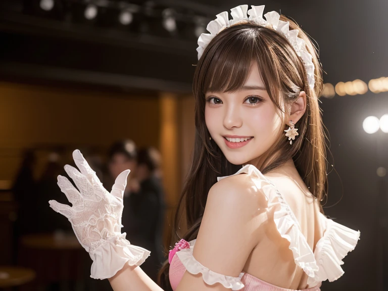 profile、Turned around、Butt,Flat Chest、(Slim body)、((Slim body))、Long Hair,Straight Bangs,Embarrassing,masterpiece,diamond、Earrings,background of fantasy,(((Brown Hair)))、 hair ornaments,Headband,Brown Hair, dress, ((赤のdress, Frillsのdress)), Ruffled gloves, Frills, gloves, ハートbrooch, Idol, Idol clothes, jewelry, Pink gloves, ribbon, looking at viewer,Indoor break,break (Tabletop:1.2), Highest quality, nude,nude,(topless),(Nipples are visible),(From above),Flat Chest,(Slim body),((Slim body)),Embarrassing,masterpiece,diamond、Earrings,background of fantasy,(((Brown Hair)))、hair ornaments, ヘアribbon, One side up, brooch, dress, ((ピンクと赤のdress, Frillsのdress)), Ruffled gloves, Frills, gloves, ハートbrooch, Idol, Idol clothes, jewelry, Pink gloves, 赤いribbon, ribbon, タートルネックdress,break looking at viewer,Indoor break,break (Tabletop:1.2), Highest quality, High resolution, unity 8k wallpaper, (shape:0.8), (Beautiful details:1.6), Highly detailed face, Perfect lighting, Extremely detailed CG, (Perfect hands, Perfect Anatomy),Laughing with your mouth open、Concert Venues、live house、stage、Cowboy Shot