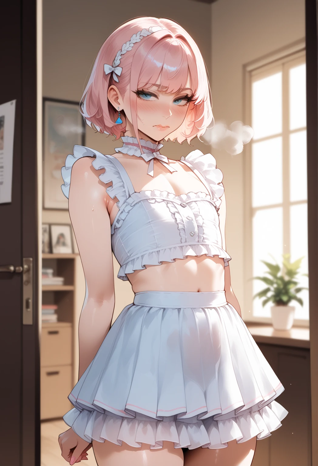 ((full body photo, feet on the ground, straight body)) {(Laura:woman, large breasts)}; ),big tits, finely detailed, nsfw, sexy pose, big tits,masterpiece,Depth of field,{(black maid costume with white parts+white skirt+white sock with clips on pants+little clothing+extremely tight on body)}; {(she's inside a hotel room with a window, tonight, the window is open, she's standing in front of the window, catching a wind on her body, maid's costume extremely transparent and wet)}, Her body and hair {are extremely sweaty}; she {((is extremely exhibitionist, has very short pink hair and slick, eyes:blue, is smiling, looking at the viewer)}; Anime style, masterpiece,, High detail, anime, 16k, UHD, retina, retina, ccurate, anatomically correct, textured skin, super detail, high quality, award-winning