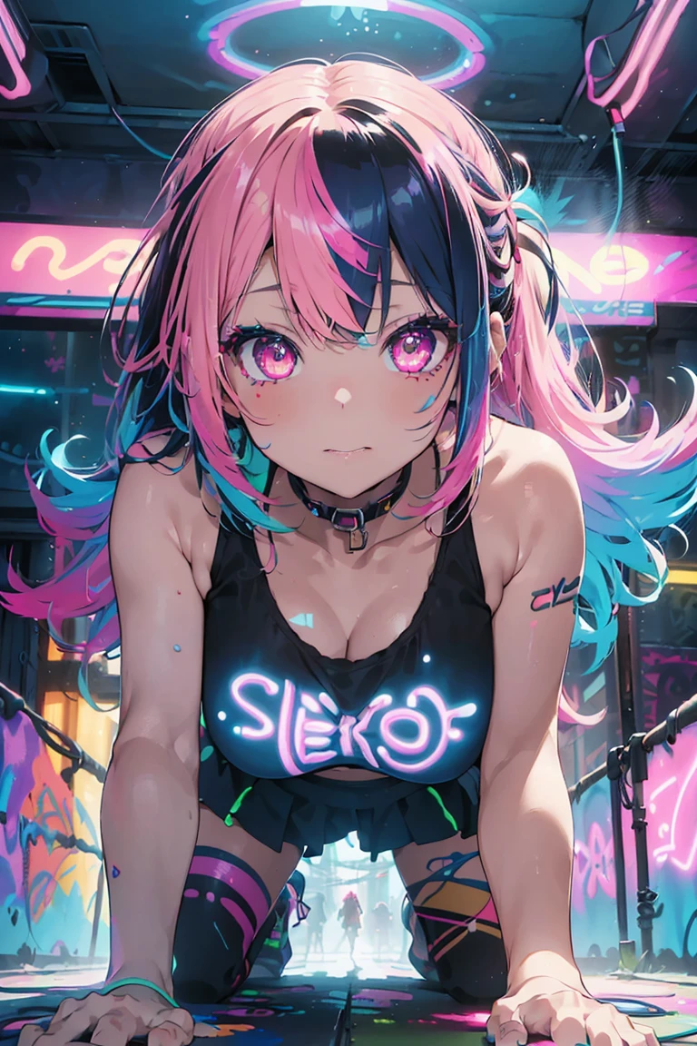 (80's city pop:1.5), (vivit neon purple pink:1.5), 1girl, detailed neon city background, ultra-detailed, illustration, (cyber neon punk), vaperwave, fish eye lens, sense of depth, cute pop neon cyber wear,