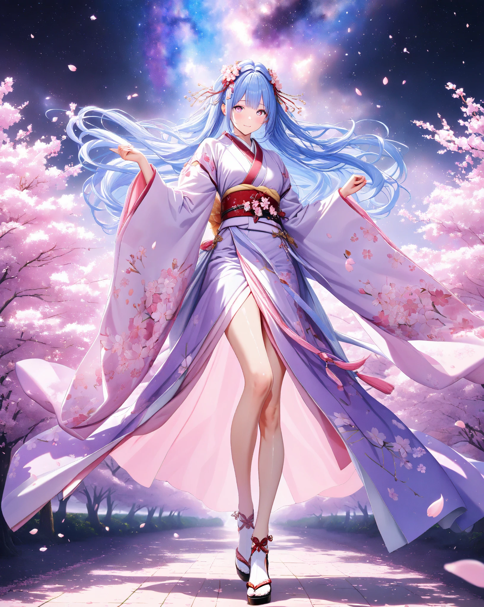 quality:masterpiece,best quality,ultra-detailed,32k,detailed background,
theme:BREAK,(A 20-year-old woman in a breathtakingly elegant kimono that shines in the blue light of the lights):1.3,perfect proportions,detailed skin texture,deep yet somewhat sad smile,Breathtakingly detailed facial features,vivid eyes that feel like being sucked in, delicate and moisturized lips ,
Each finger is rendered in detail,(Shiny blue hair):1.1,Smooth texture like silk,Flowing in the wind,Natural shadows and highlights,Natural and graceful hand pose,Hands based on realistic human anatomy,transparent fingertips that make you feel like you're being sucked in,Clearly defined joints,Detailed expression of the fingers,
Smooth and curvaceous body lines,Translucent and moisturized skin,Graceful knee lines,Natural and beautiful leg lines,
Delicate body contours,Natural wrinkles and shadows in the clothes,Shiny fabric texture,Beautiful, smooth draping,(Poses looking up at cherry blossoms):1.3,
costume:BREAK,(Light purple kimono with long flowing sleeves):1.3,(kimono with smooth drapes made of shiny silk):1.2,Realistic Fabric, intricate details,detailed folds,Pastel Pink Obi,Crimson Belt,Cherry Blossom Patterned Sack Belt,Adorable sandals with intricate patterns decorated with gold thread and silver thread,beautiful floral hair ornament,Are you wearing sakura-patterned socks,
Style:BREAK,photorealistic,3D rendering,cinematic lighting,volumetric lighting,ray tracing,depth of field,cinematic shot,pastel,translucent,
background:BREAK,(The weeping cherry blossoms in full bloom at night are illuminated in the foreground):1.3, (Weeping cherry blossoms in full bloom at night are illuminated in front of the Milky Way where countless stars shine in the back):1.4,,(backgroundに広がる漆黒の夜空と煌めく星々):1.4,,(and weeping cherry blossoms in full bloom are illuminated):1.3,(cherry blossom petals dance):1.3,( cherry blossom petals scattered on the ground ):1.2,(Sparkling stars spreading in the night sky々):1.4,(The dark night sky spreads as far as the eye can see):1.3,volumetric lighting,幻想的なbackground,