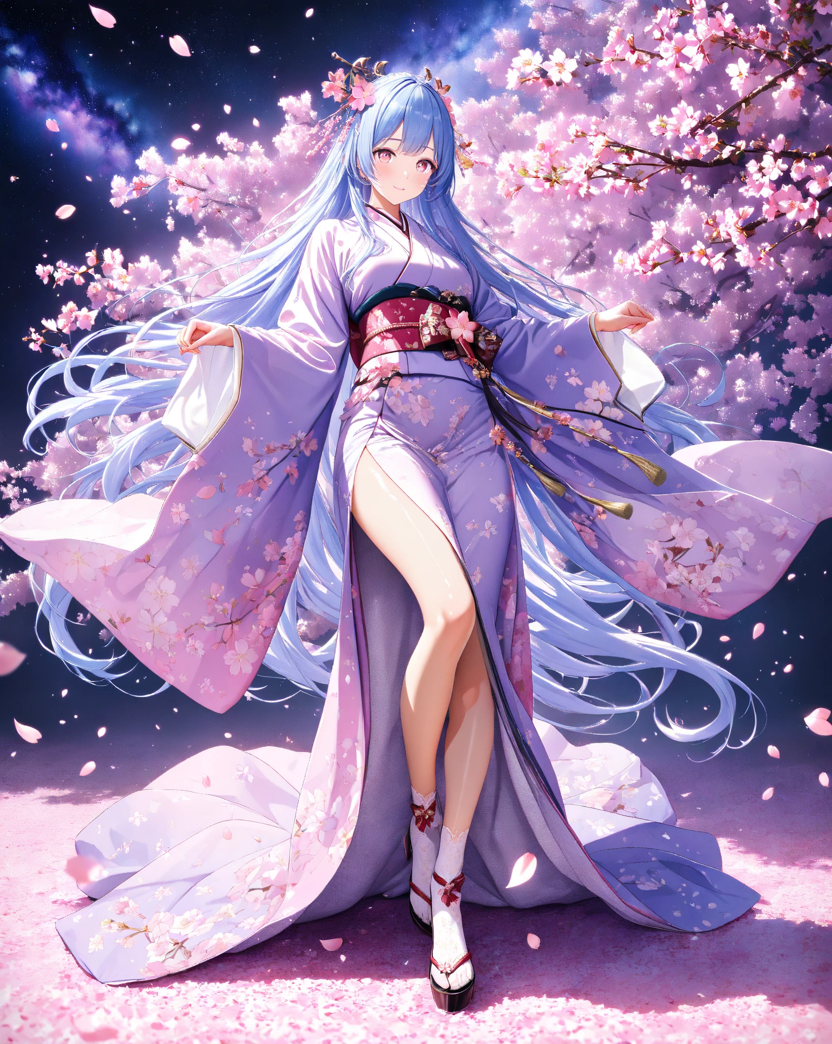 quality:masterpiece,best quality,ultra-detailed,32k,detailed background,
theme:BREAK,(A 20-year-old woman in a breathtakingly elegant kimono that shines in the blue light of the lights):1.3,perfect proportions,detailed skin texture,deep yet somewhat sad smile,Breathtakingly detailed facial features,vivid eyes that feel like being sucked in, delicate and moisturized lips ,
Each finger is rendered in detail,(Shiny blue hair):1.1,Smooth texture like silk,Flowing in the wind,Natural shadows and highlights,Natural and graceful hand pose,Hands based on realistic human anatomy,transparent fingertips that make you feel like you're being sucked in,Clearly defined joints,Detailed expression of the fingers,
Smooth and curvaceous body lines,Translucent and moisturized skin,Graceful knee lines,Natural and beautiful leg lines,
Delicate body contours,Natural wrinkles and shadows in the clothes,Shiny fabric texture,Beautiful, smooth draping,(Poses looking up at cherry blossoms):1.3,
costume:BREAK,(Light purple kimono with long flowing sleeves):1.3,(kimono with smooth drapes made of shiny silk):1.2,Realistic Fabric, intricate details,detailed folds,Pastel Pink Obi,Crimson Belt,Cherry Blossom Patterned Sack Belt,Adorable sandals with intricate patterns decorated with gold thread and silver thread,beautiful floral hair ornament,Are you wearing sakura-patterned socks,
Style:BREAK,photorealistic,3D rendering,cinematic lighting,volumetric lighting,ray tracing,depth of field,cinematic shot,pastel,translucent,
background:BREAK,(The weeping cherry blossoms in full bloom at night are illuminated in the foreground):1.3, (Weeping cherry blossoms in full bloom at night are illuminated in front of the Milky Way where countless stars shine in the back):1.4,,(backgroundに広がる漆黒の夜空と煌めく星々):1.4,,(and weeping cherry blossoms in full bloom are illuminated):1.3,(cherry blossom petals dance):1.3,( cherry blossom petals scattered on the ground ):1.2,(Sparkling stars spreading in the night sky々):1.4,(The dark night sky spreads as far as the eye can see):1.3,volumetric lighting,幻想的なbackground,