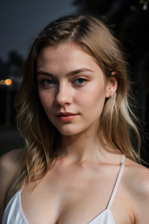 portrait, half body, close up, solo, wearing white oversized_puffer_jacket, skswoman, bikini top,  (looking at the viewer:1.1),  blond hair, 
night, downtown, sexy pose, (wind blowing hair:1.1), 
[( 
motion blur, slow motion, low brightness,
muted colors, soft light, bloom, 
film grain, 85mm, focus,
<lora:FilmG2:0.46>  
 <lyco:Chloe Grace Moretz:0.4>  
):8]
 <lora:uv:0.46>