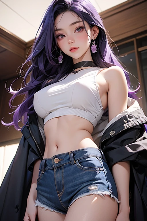 masterpiece, best quality, purple hair, purple eyes, sunglasses, light, realistic, photo, science_fiction, huge_filesize, in the cyberpunk city, steam, masterpiece,best quality,official art,extremely detailed CG unity 8k wallpaper,Ultra Detailed, 50mm, official art, unity 8k wallpaper, ultra detailed, aesthetic, masterpiece, best quality, photorealistic,1girl, luocha, wavy hair, long hair,  white open coat, latex ripped pants , black bra , blue armband, , standing , tall ,skinny