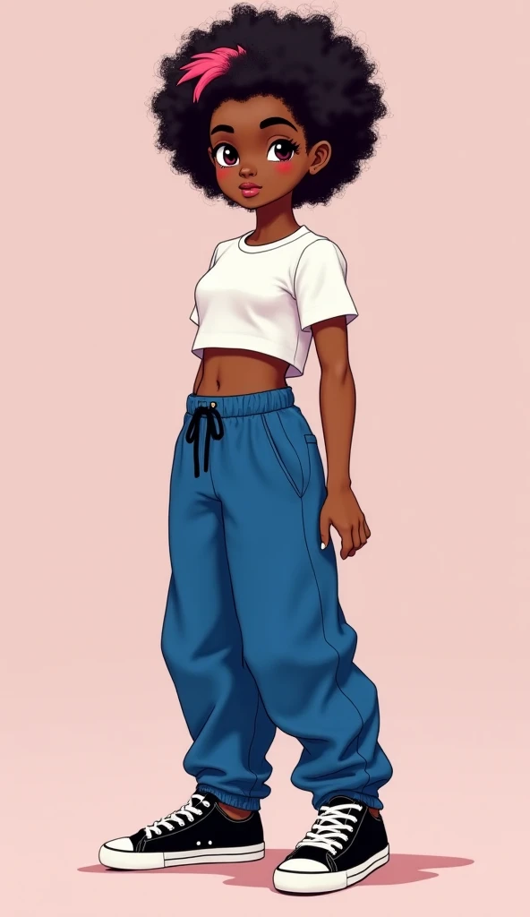 Black woman with Afro, in purple tank-top, all white panties, anime art style, intricate details